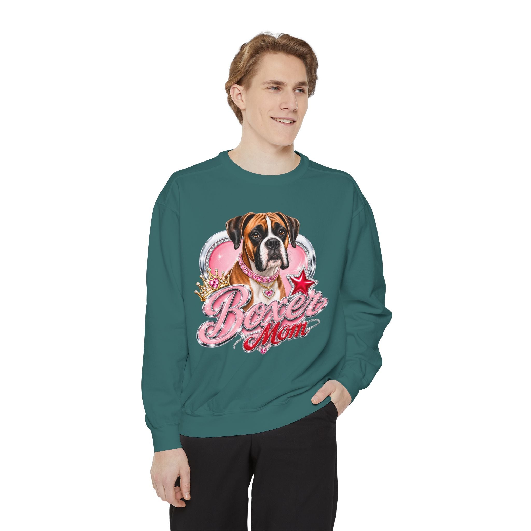 Boxer Mom Sweatshirt — Cute Pink Dog Graphic Crewneck