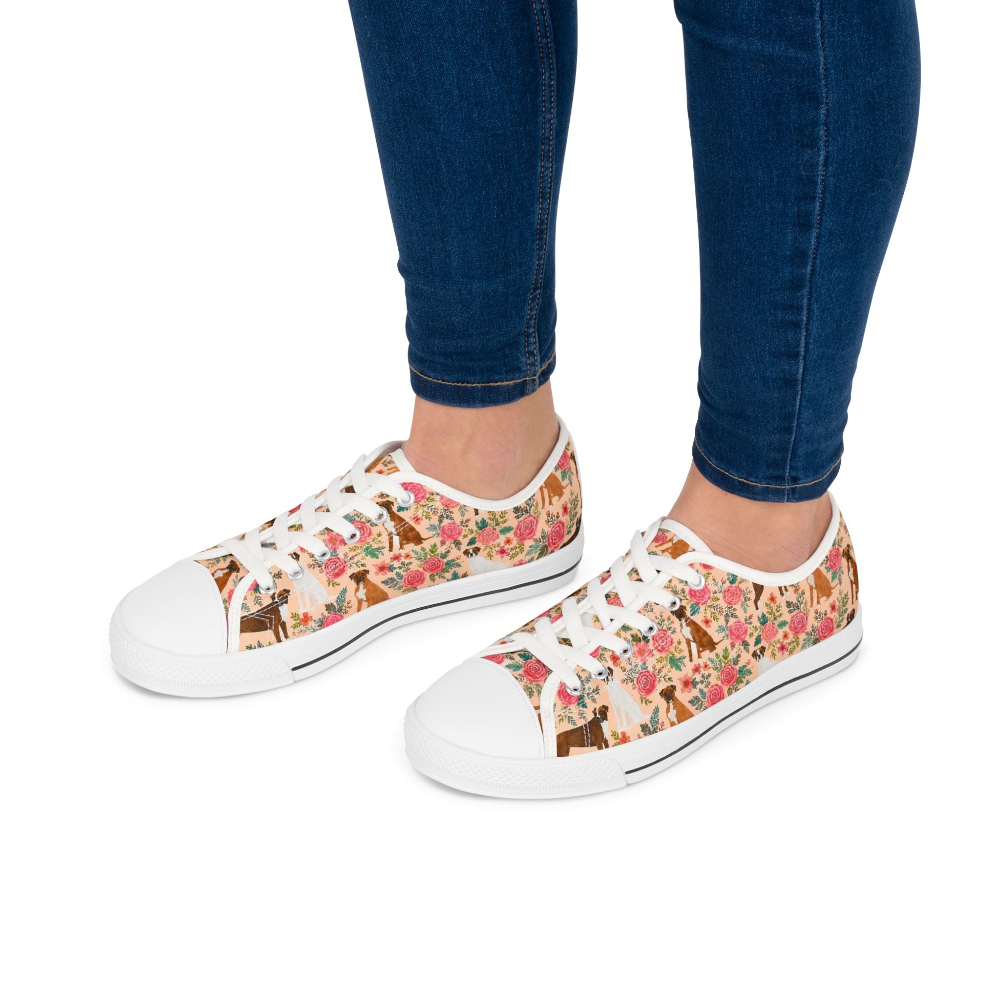 Floral Boxer Dog Pattern Sneakers Women's Low Top Sneakers | Pink Rose Animal Print