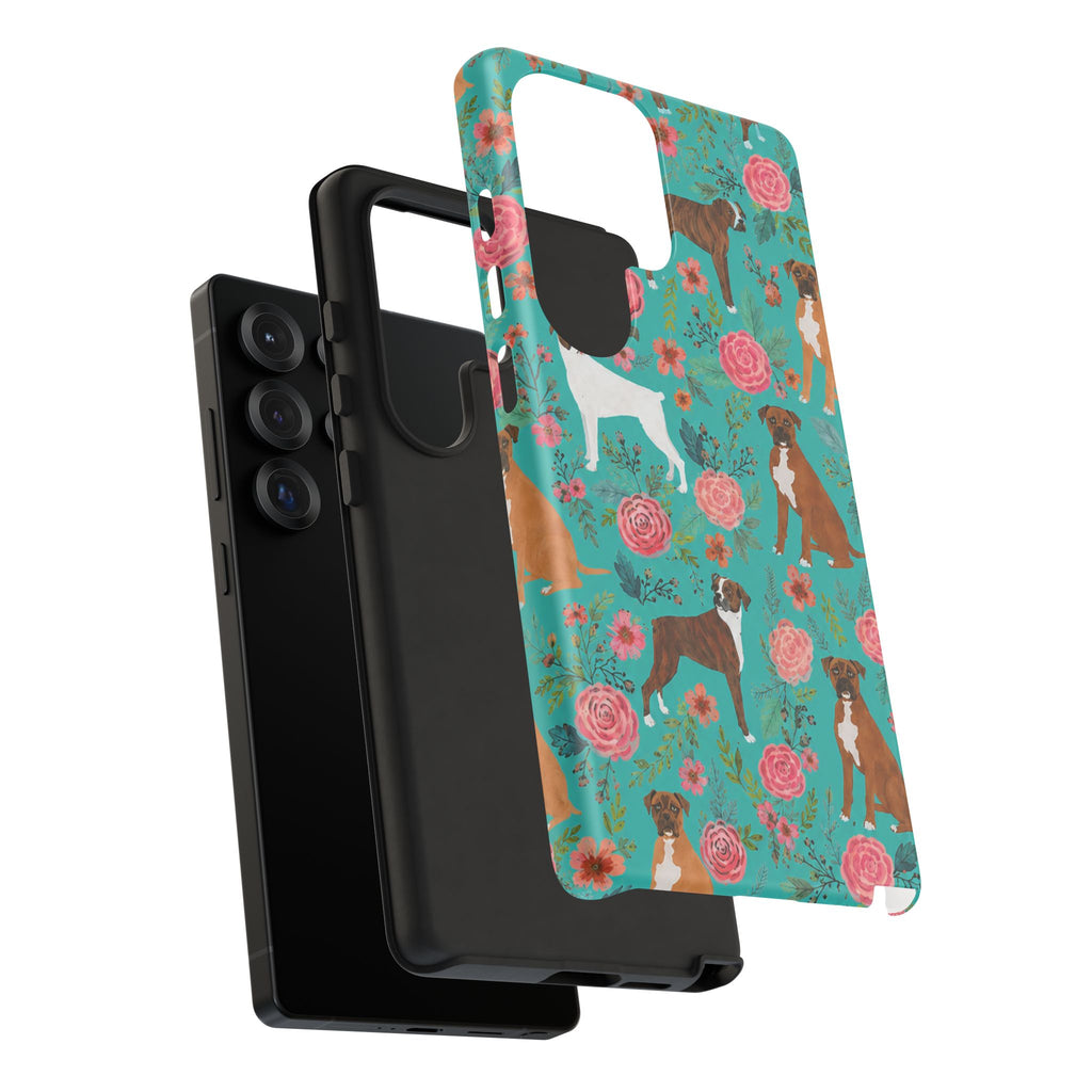 Boxer Dog Floral Phone Case — Teal Patterned Tough Cases