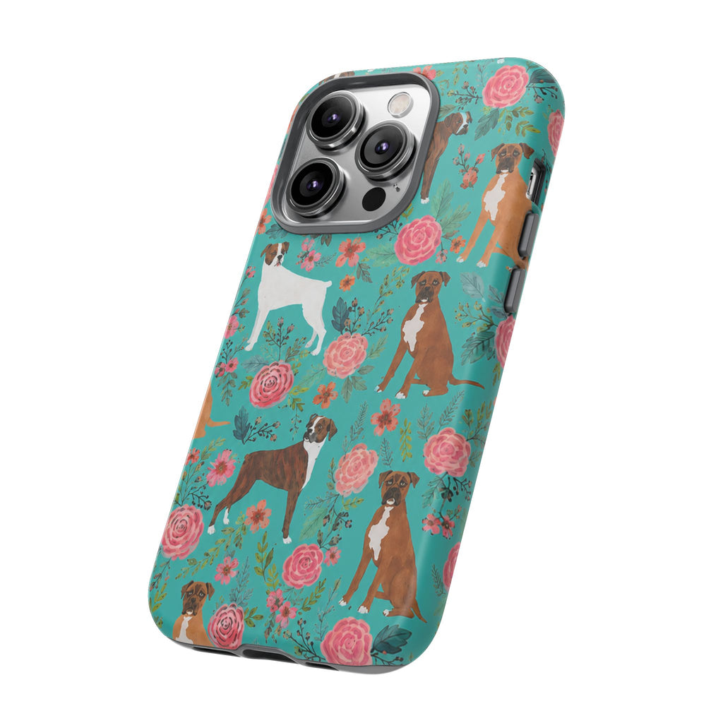 Boxer Dog Floral Phone Case — Teal Patterned Tough Cases