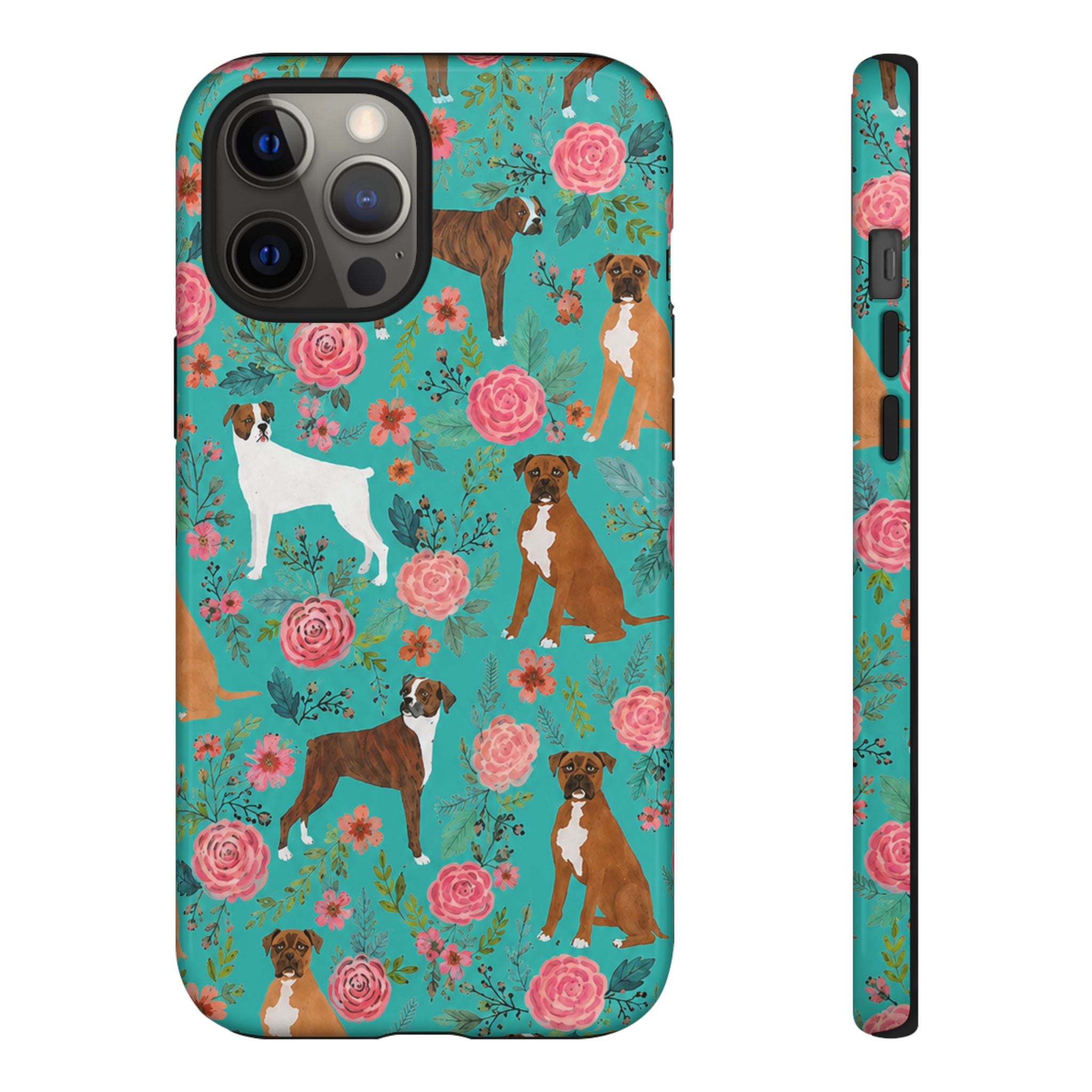 Boxer Dog Floral Phone Case — Teal Patterned Tough Cases