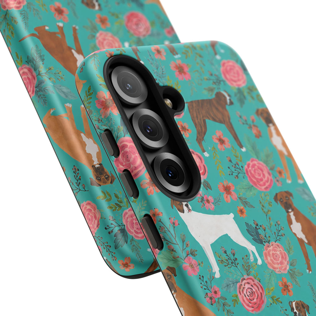 Boxer Dog Floral Phone Case — Teal Patterned Tough Cases