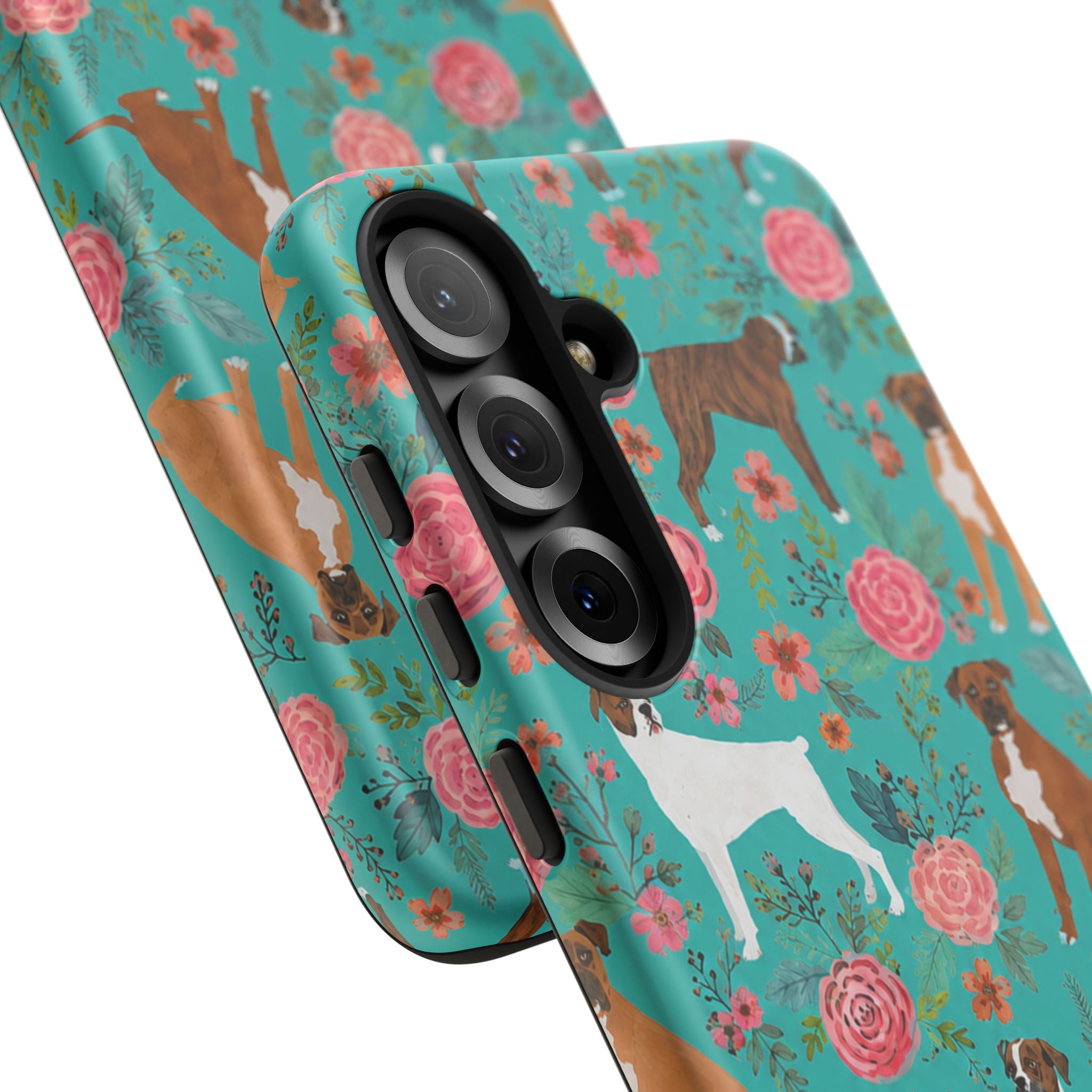 Boxer Dog Floral Phone Case — Teal Patterned Tough Cases