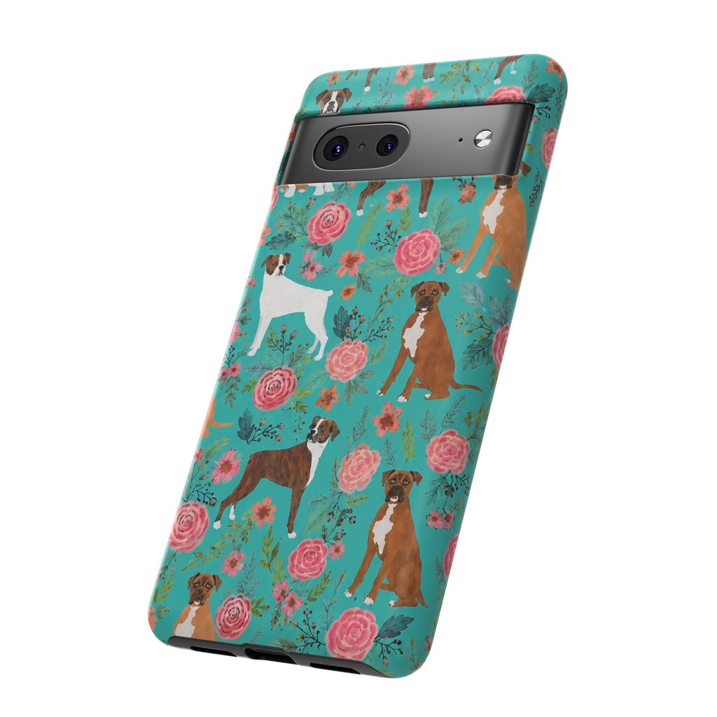 Boxer Dog Floral Phone Case — Teal Patterned Tough Cases