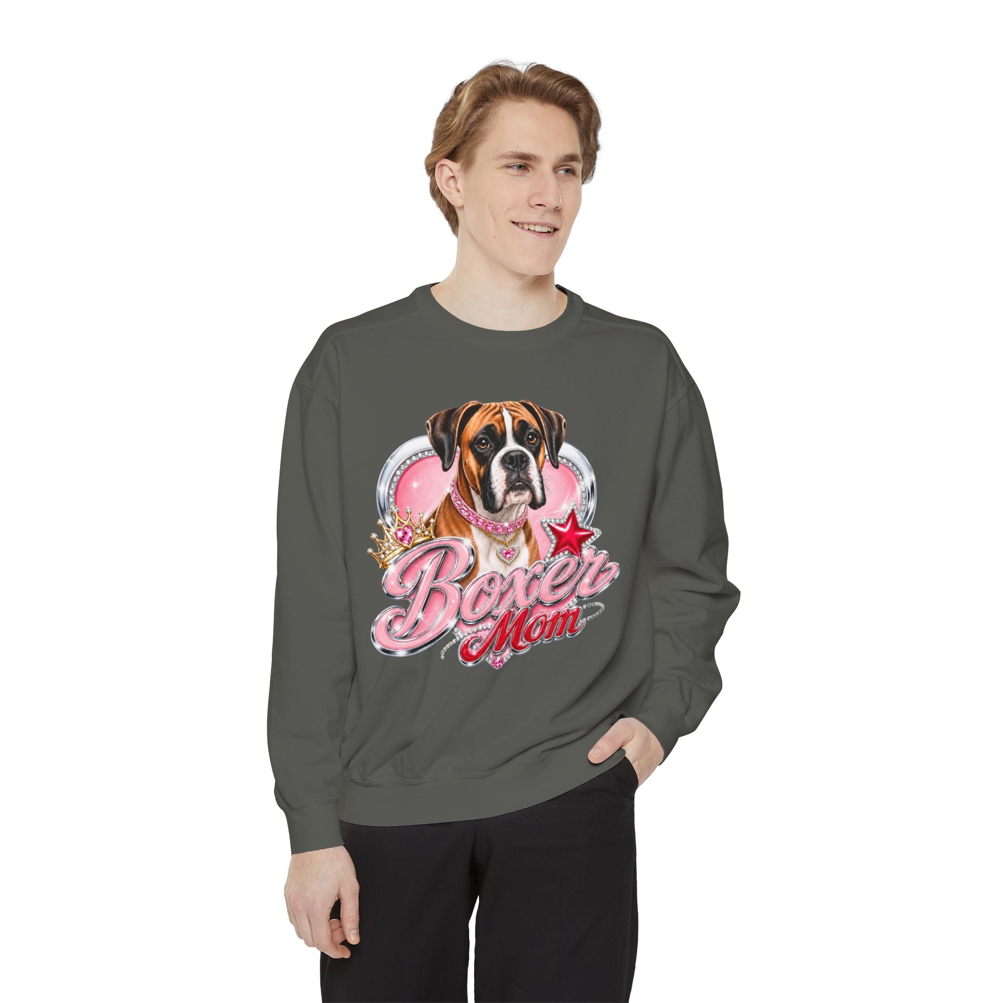 Boxer Mom Sweatshirt — Cute Pink Dog Graphic Crewneck