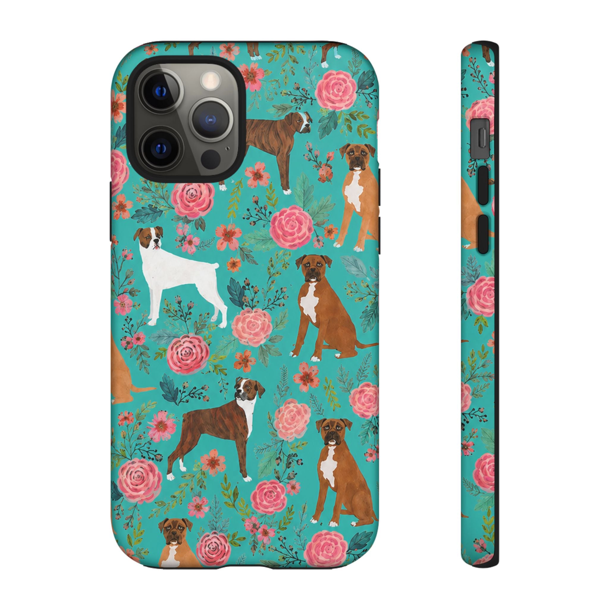 Boxer Dog Floral Phone Case — Teal Patterned Tough Cases
