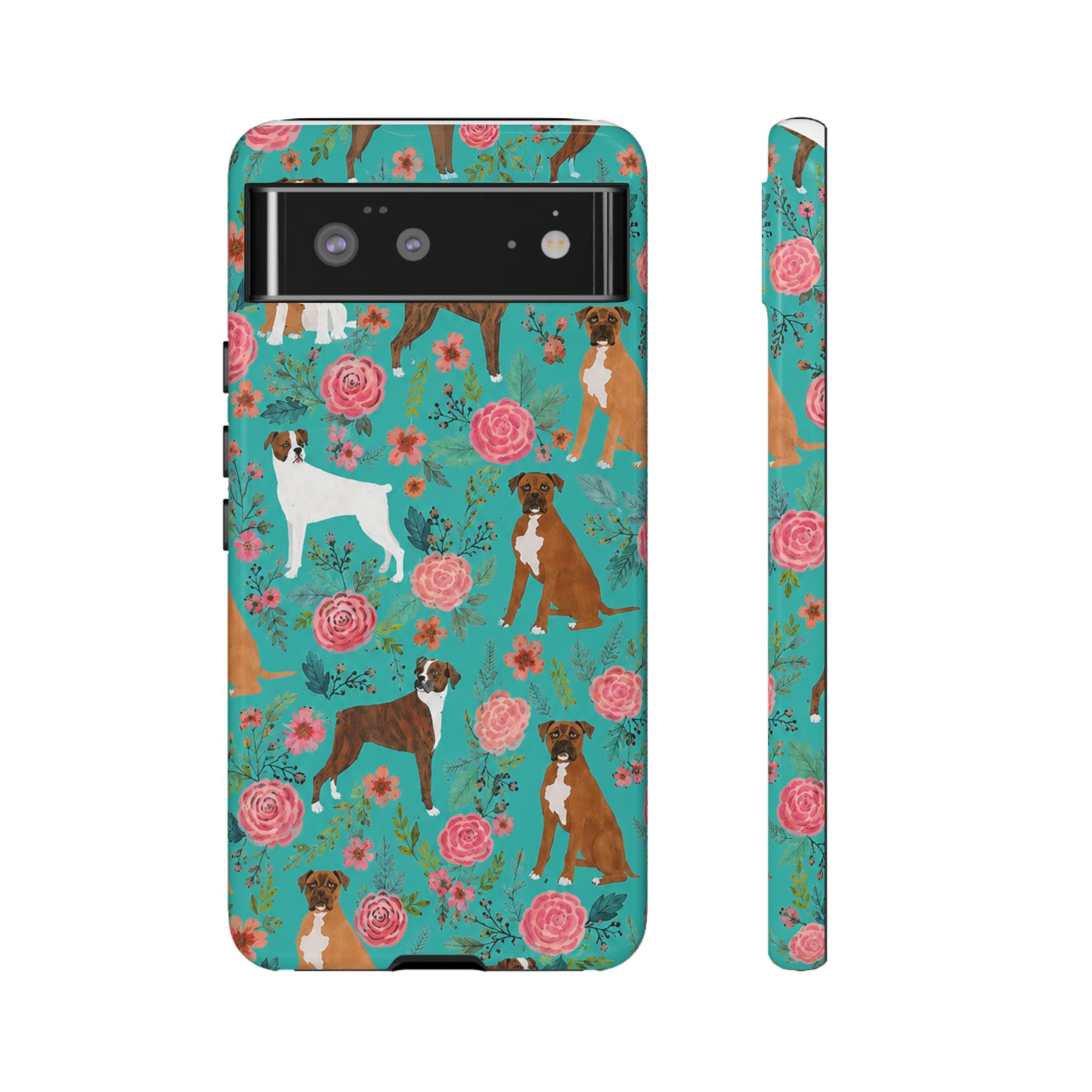 Boxer Dog Floral Phone Case — Teal Patterned Tough Cases