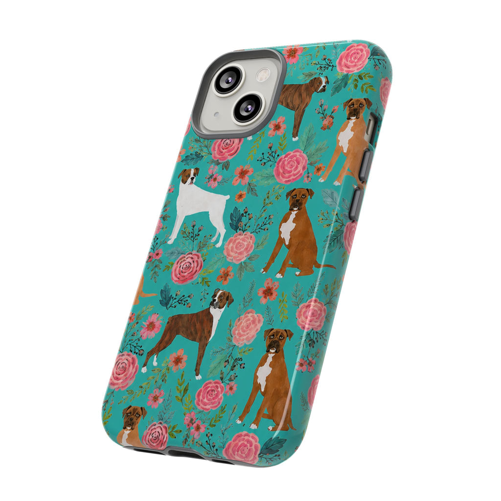 Boxer Dog Floral Phone Case — Teal Patterned Tough Cases
