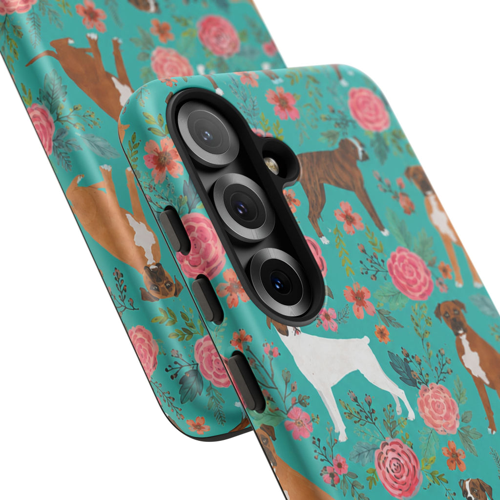 Boxer Dog Floral Phone Case — Teal Patterned Tough Cases
