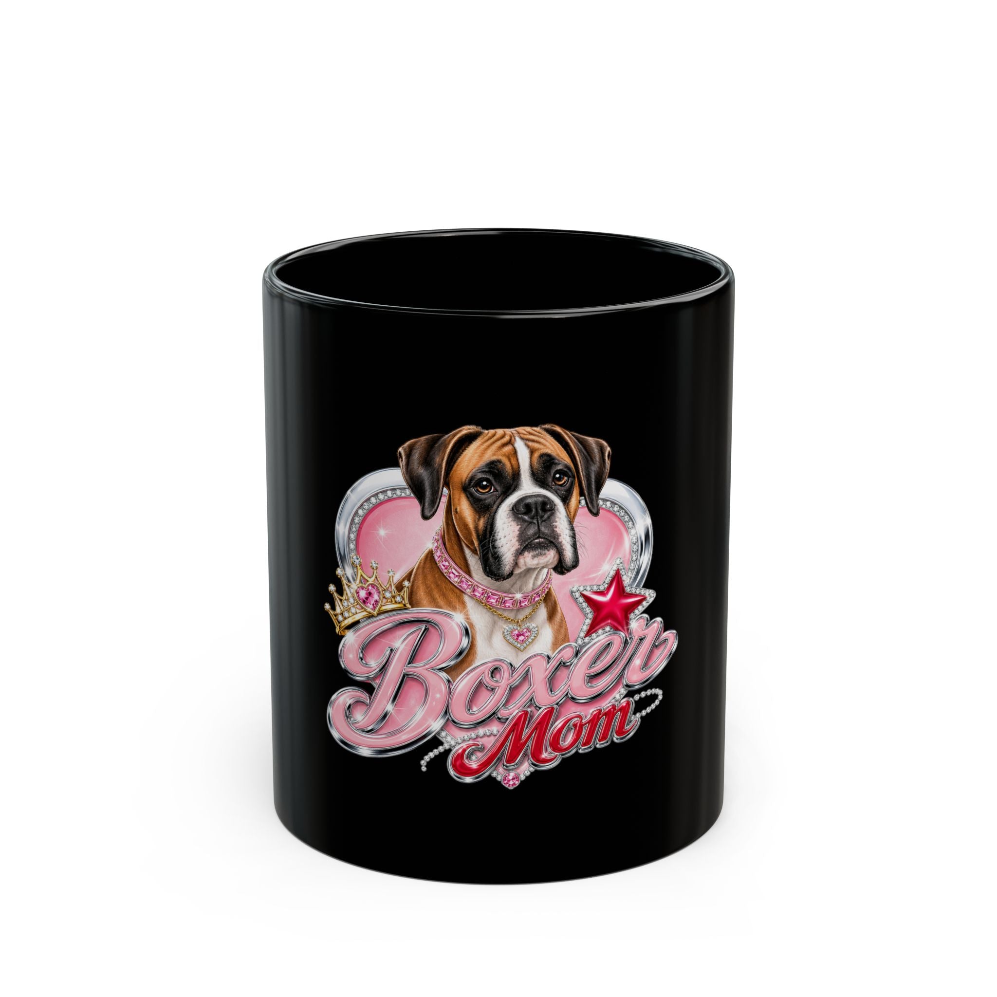 Boxer Mom Mug — Black Ceramic Coffee Cup with Cute Boxer Dog Heart Design (11oz & 15oz)