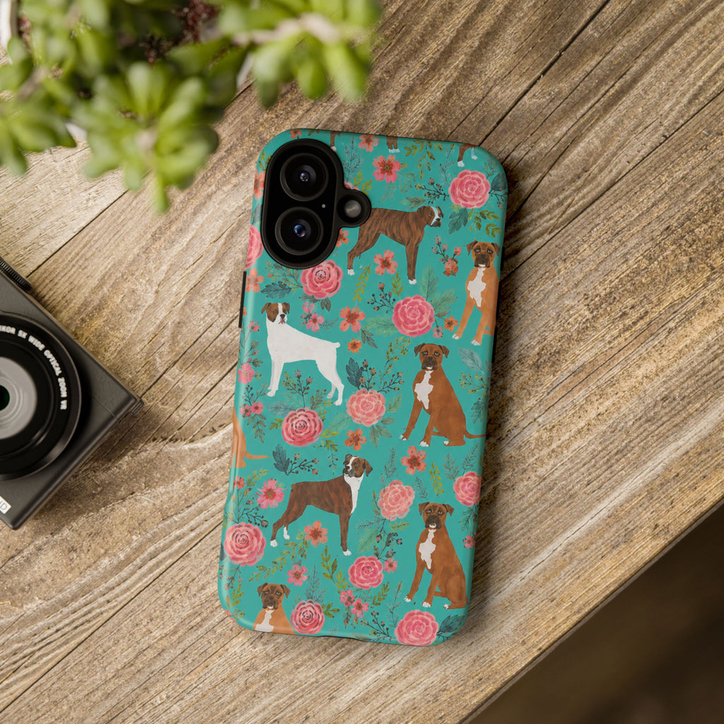 Boxer Dog Floral Phone Case — Teal Patterned Tough Cases