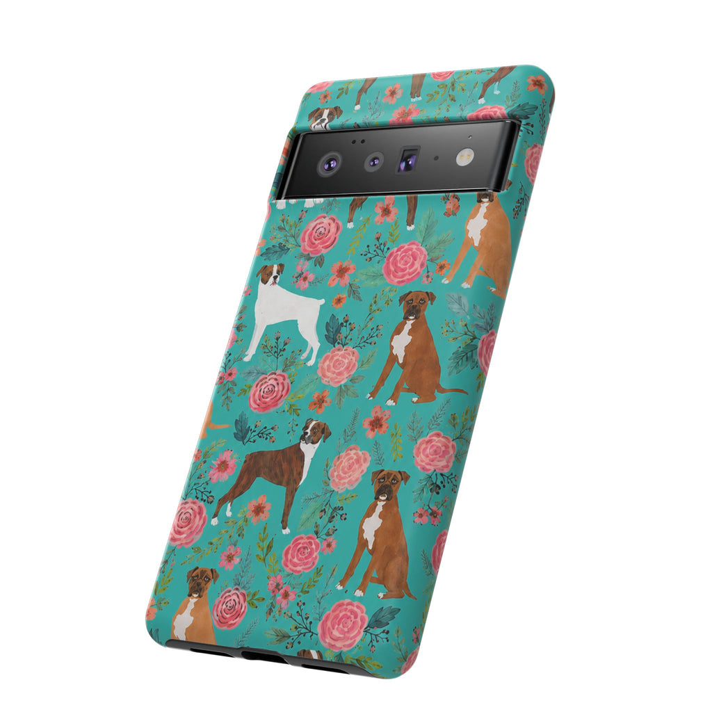 Boxer Dog Floral Phone Case — Teal Patterned Tough Cases