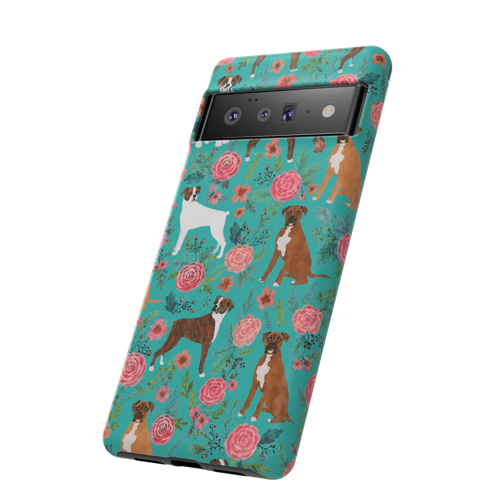 Boxer Dog Floral Phone Case — Teal Patterned Tough Cases