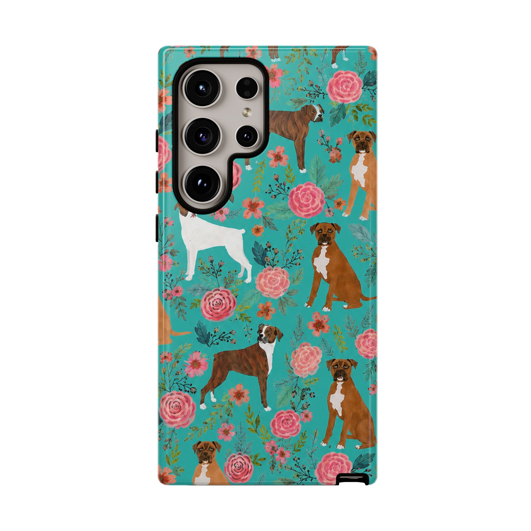 Boxer Dog Floral Phone Case — Teal Patterned Tough Cases