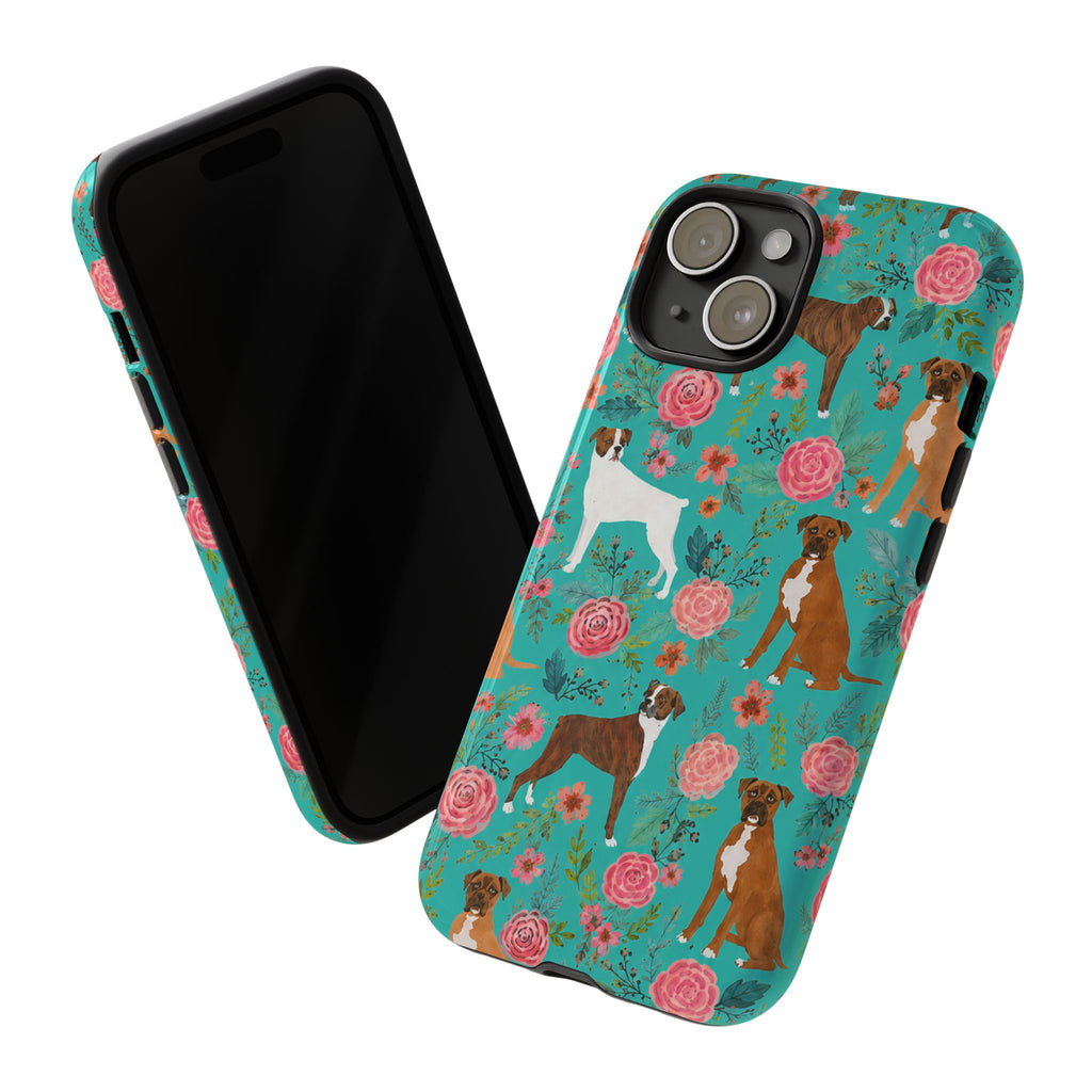 Boxer Dog Floral Phone Case — Teal Patterned Tough Cases