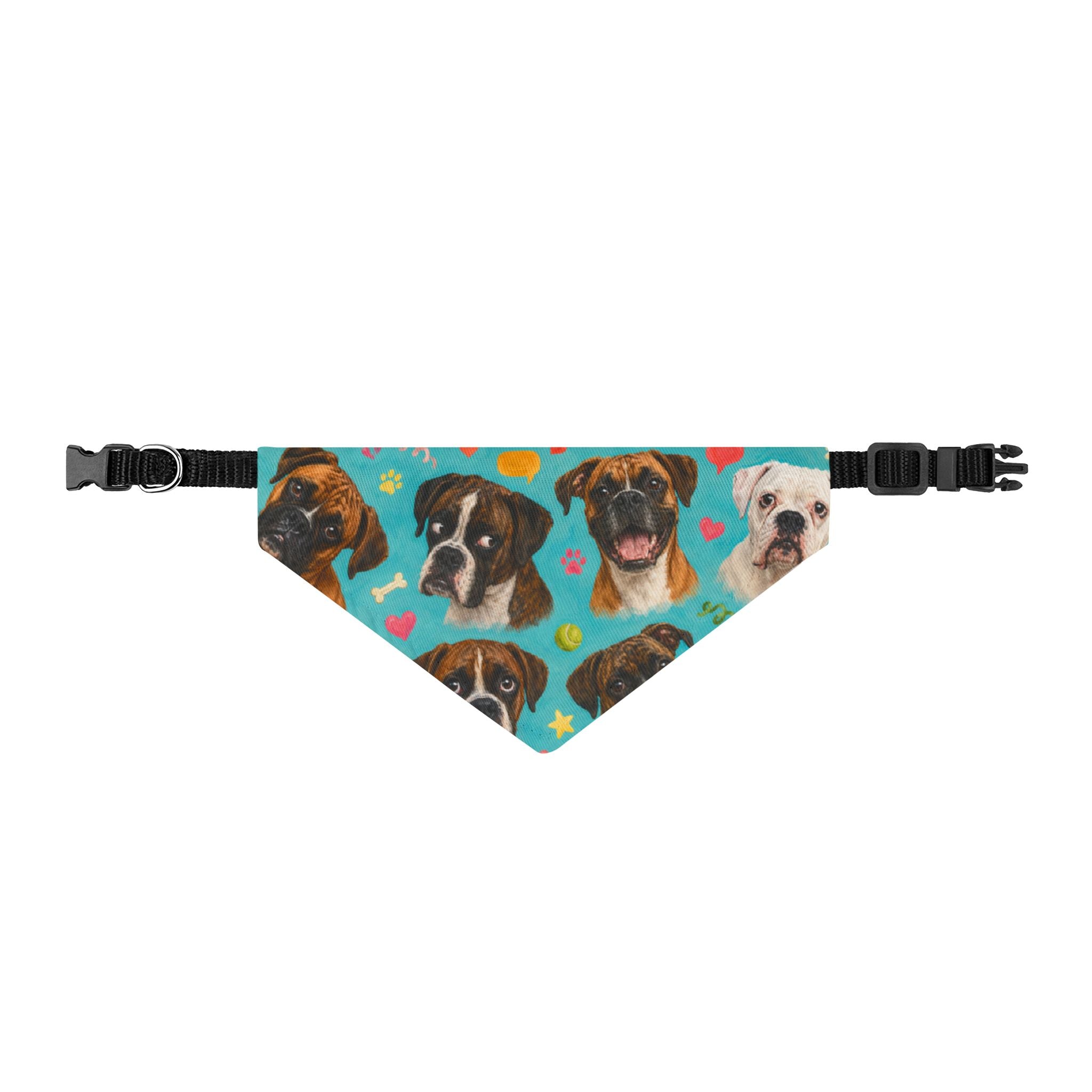 Clip-On Dog Bandana — Colorful Boxer Portraits on Teal
