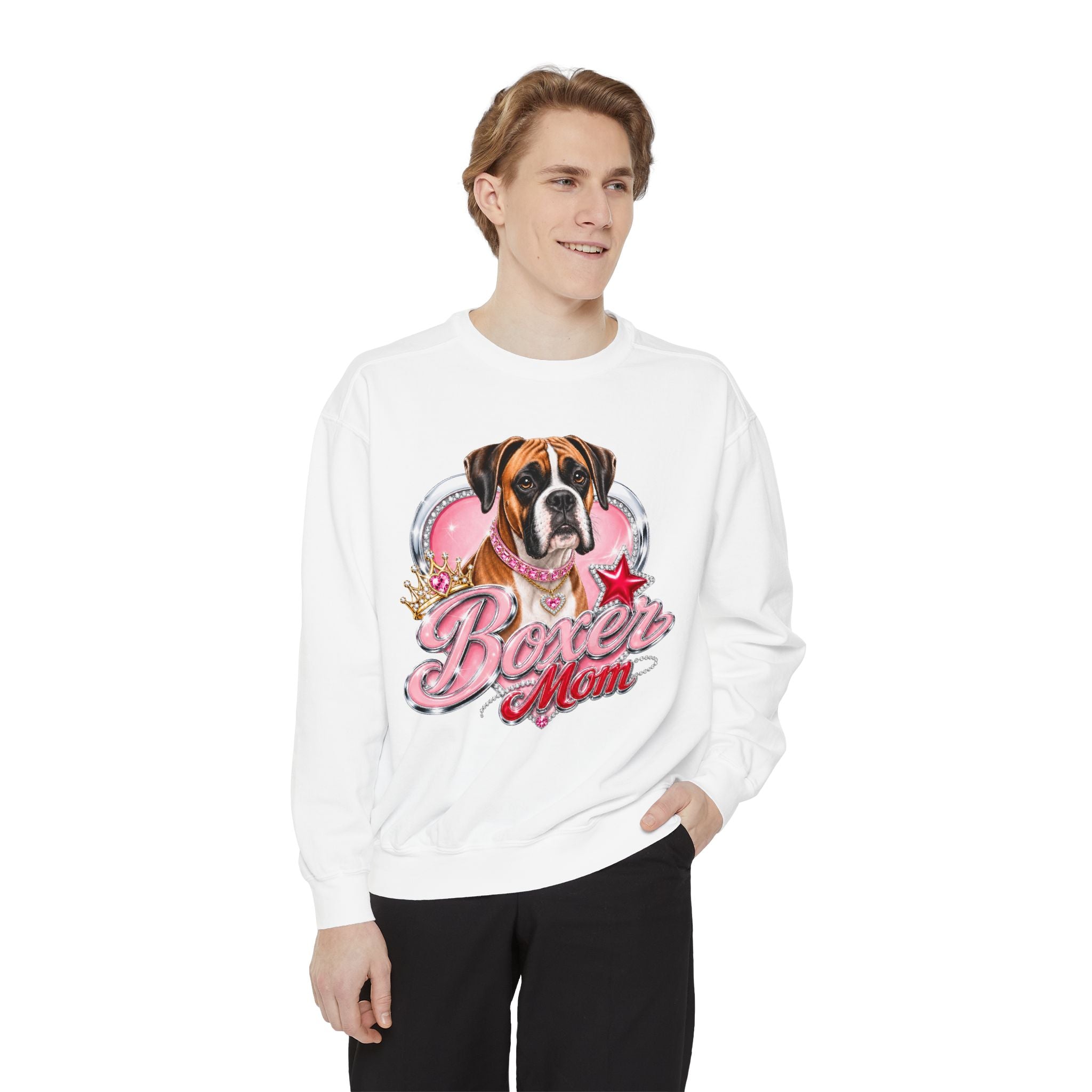 Boxer Mom Sweatshirt — Cute Pink Dog Graphic Crewneck