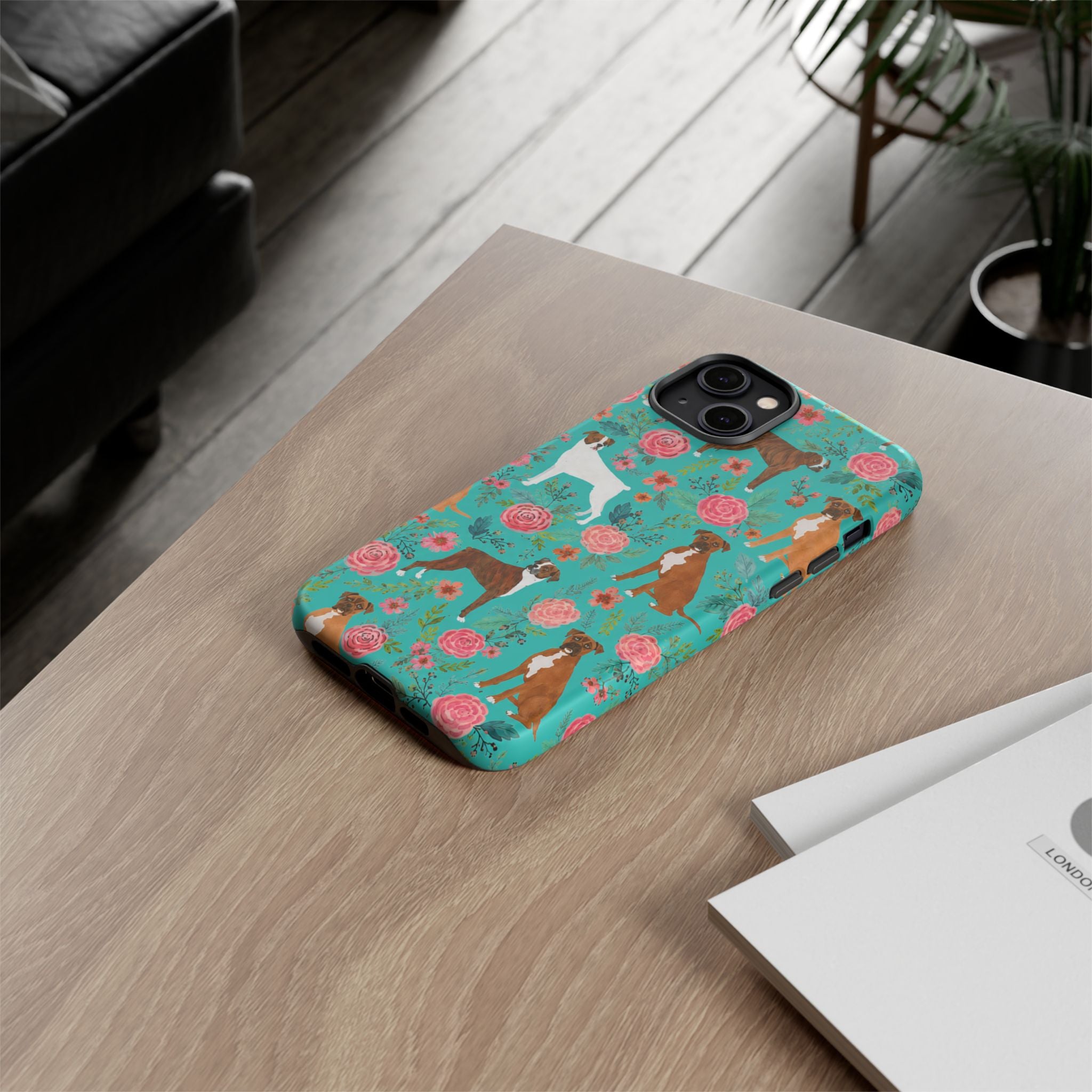 Boxer Dog Floral Phone Case — Teal Patterned Tough Cases