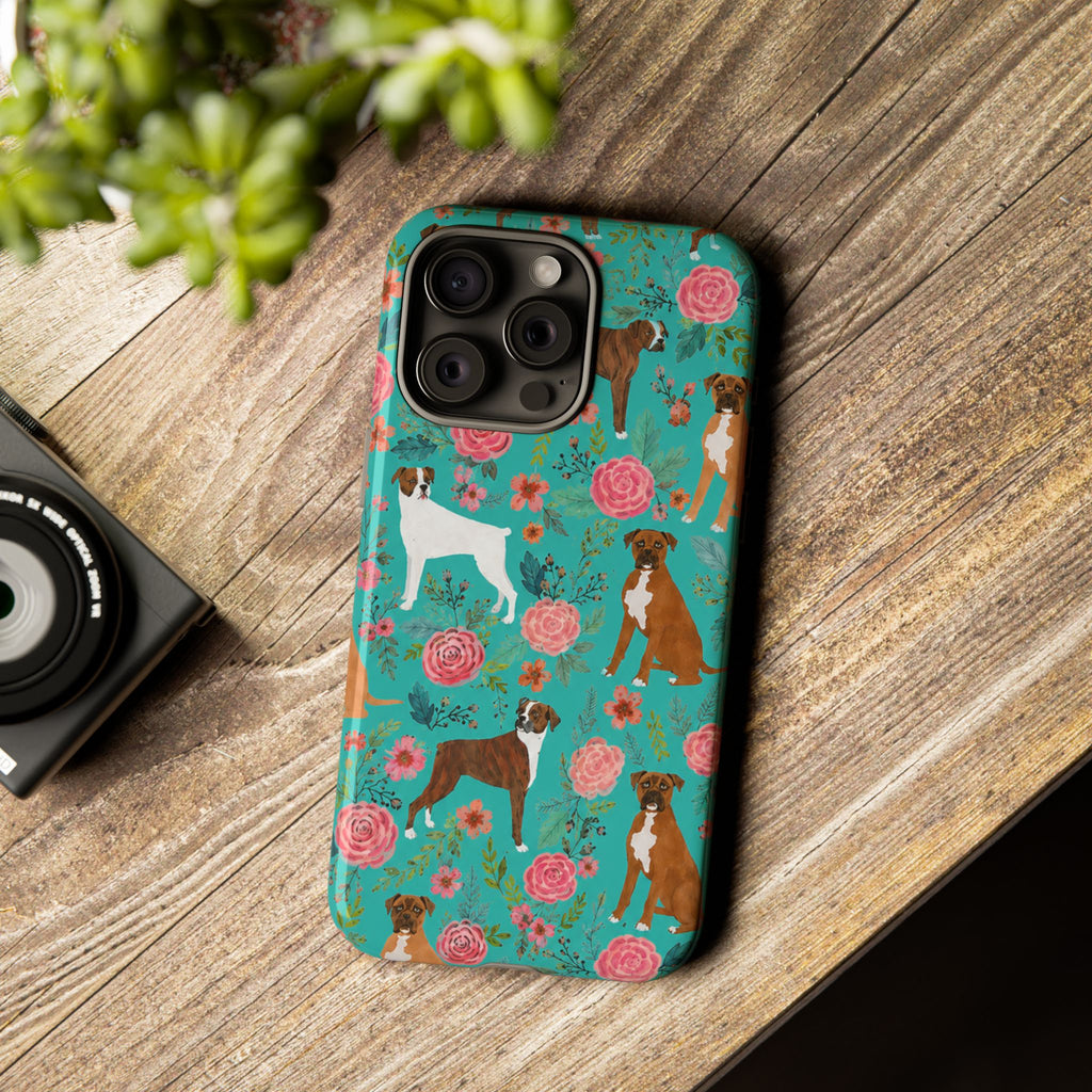Boxer Dog Floral Phone Case — Teal Patterned Tough Cases