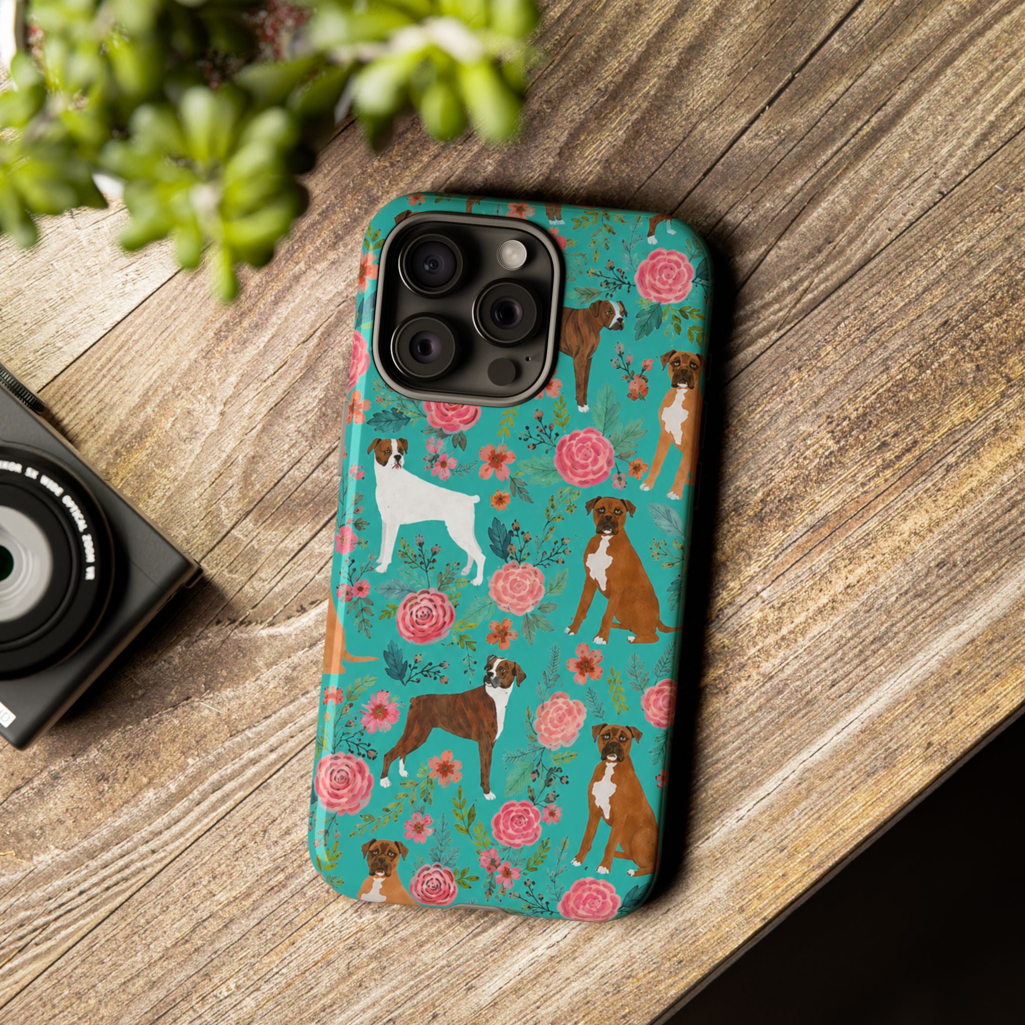 Boxer Dog Floral Phone Case — Teal Patterned Tough Cases