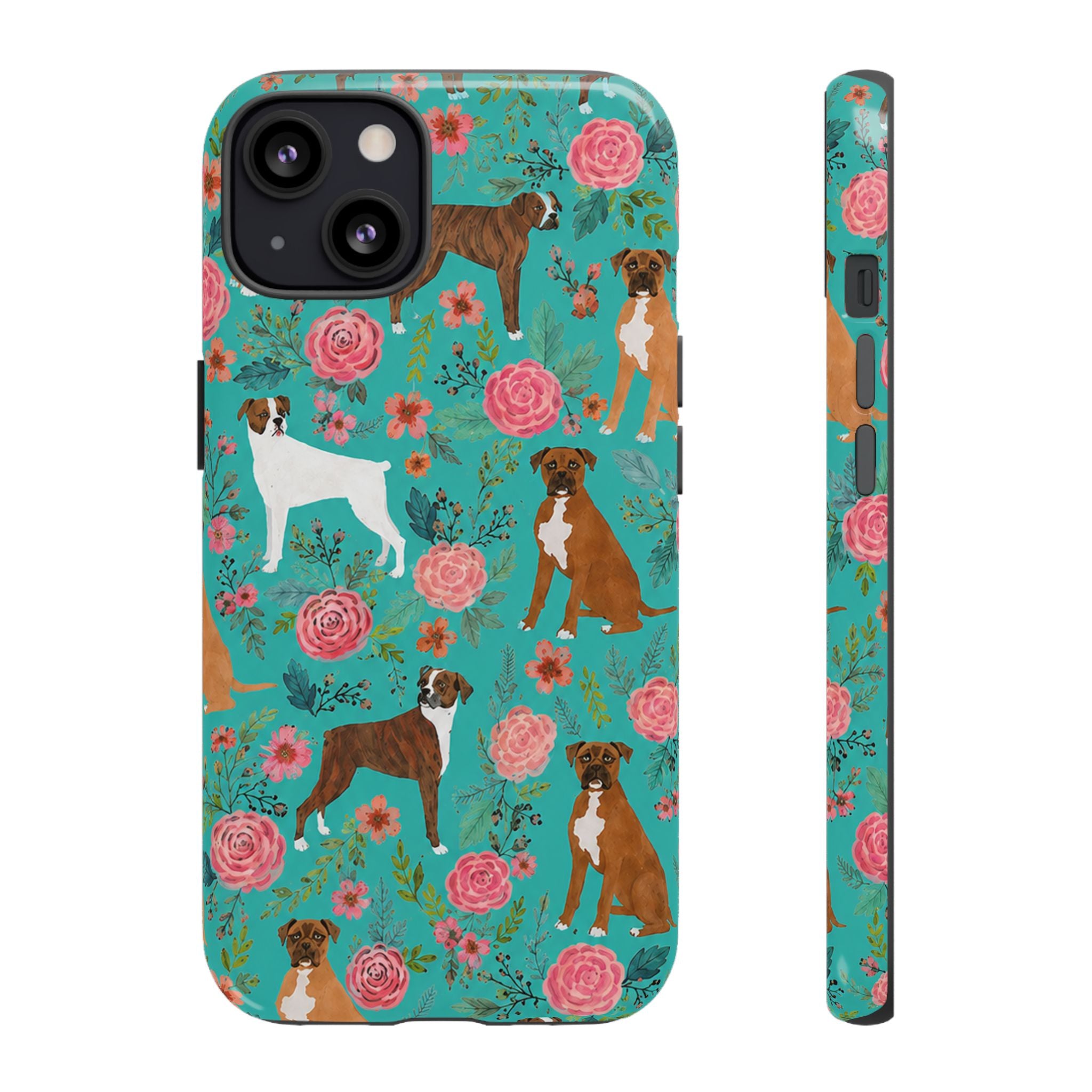 Boxer Dog Floral Phone Case — Teal Patterned Tough Cases