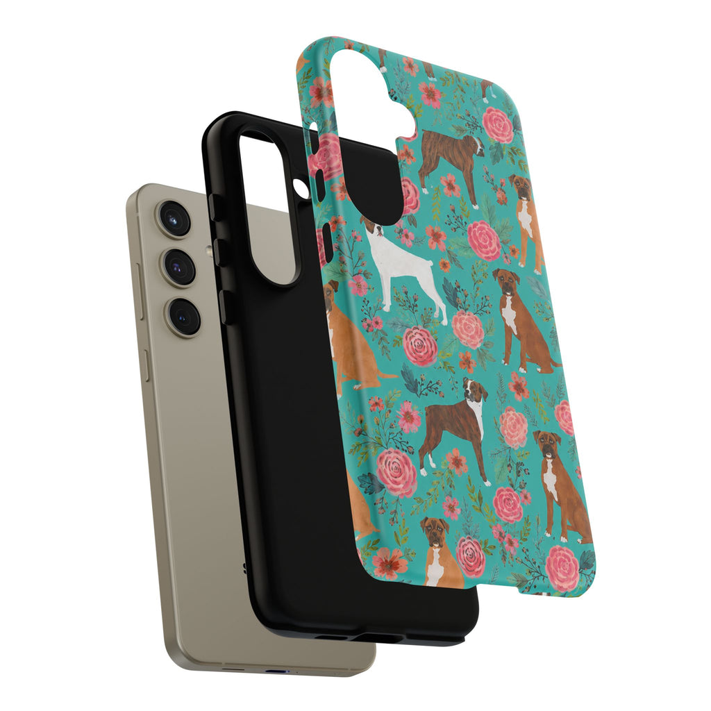 Boxer Dog Floral Phone Case — Teal Patterned Tough Cases