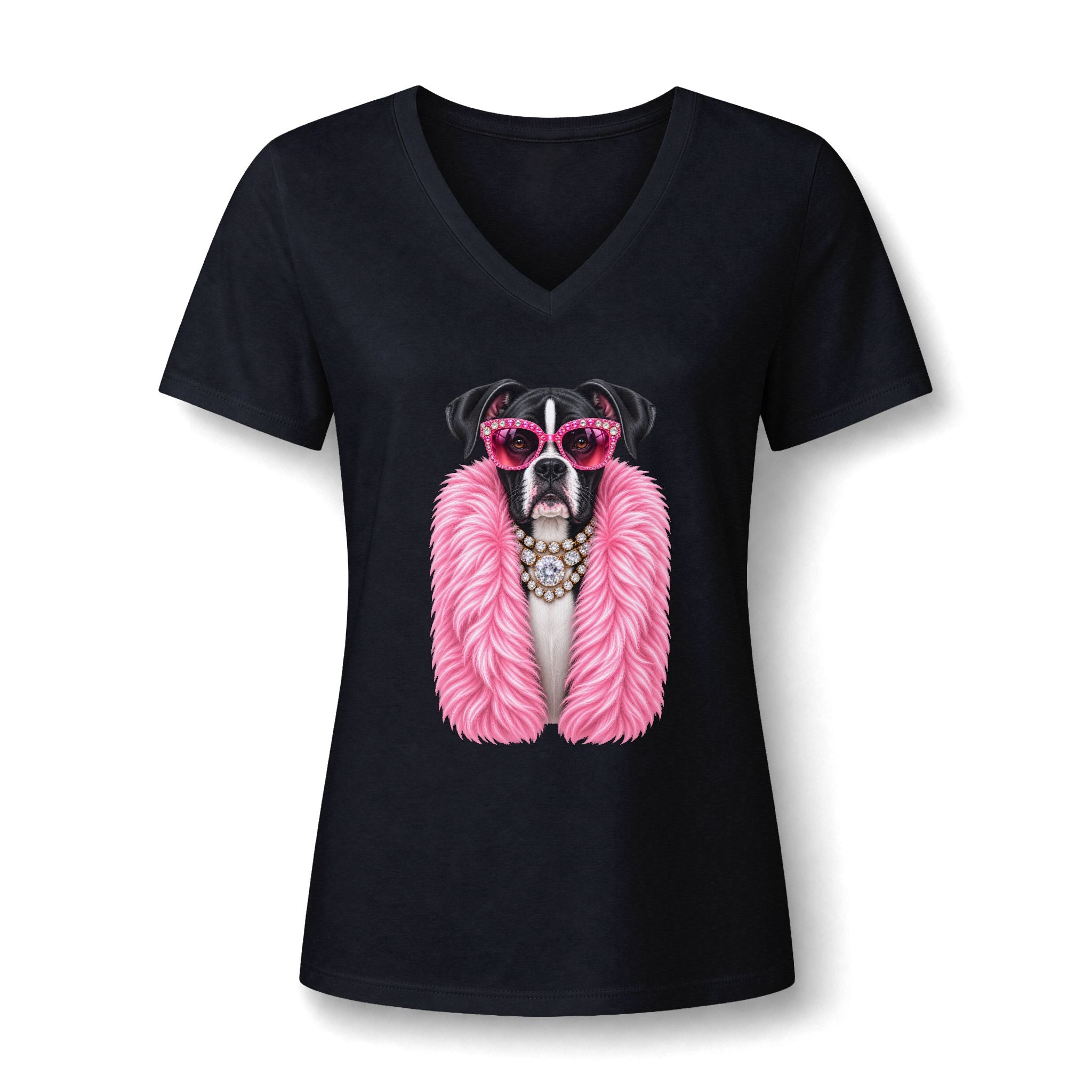Women's V-Neck Tee — Glam Boxer Dog Graphic (Pink Fur & Sunglasses)