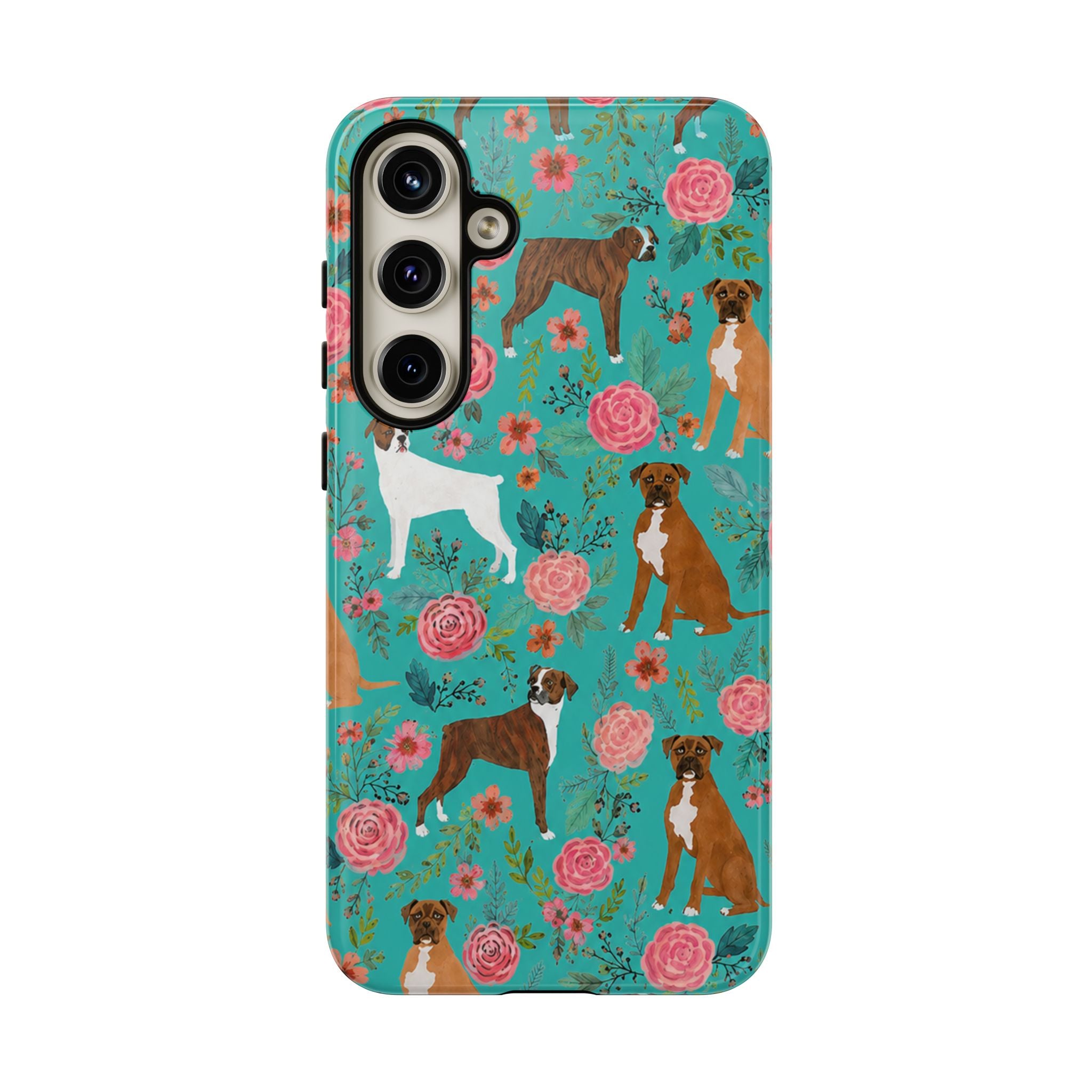 Boxer Dog Floral Phone Case — Teal Patterned Tough Cases