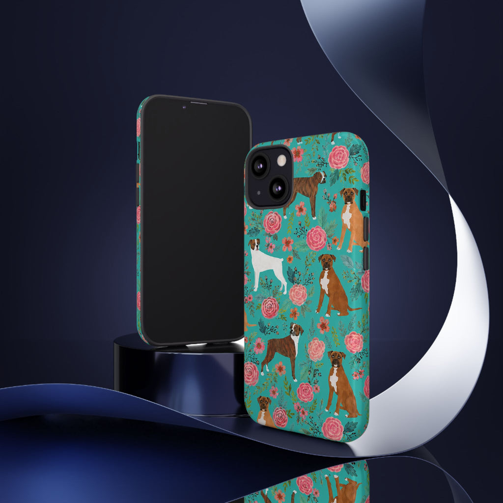 Boxer Dog Floral Phone Case — Teal Patterned Tough Cases