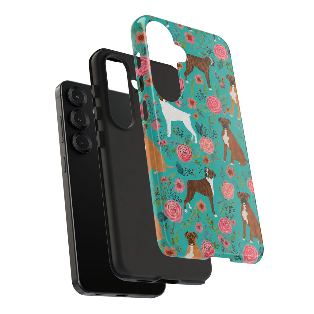 Boxer Dog Floral Phone Case — Teal Patterned Tough Cases
