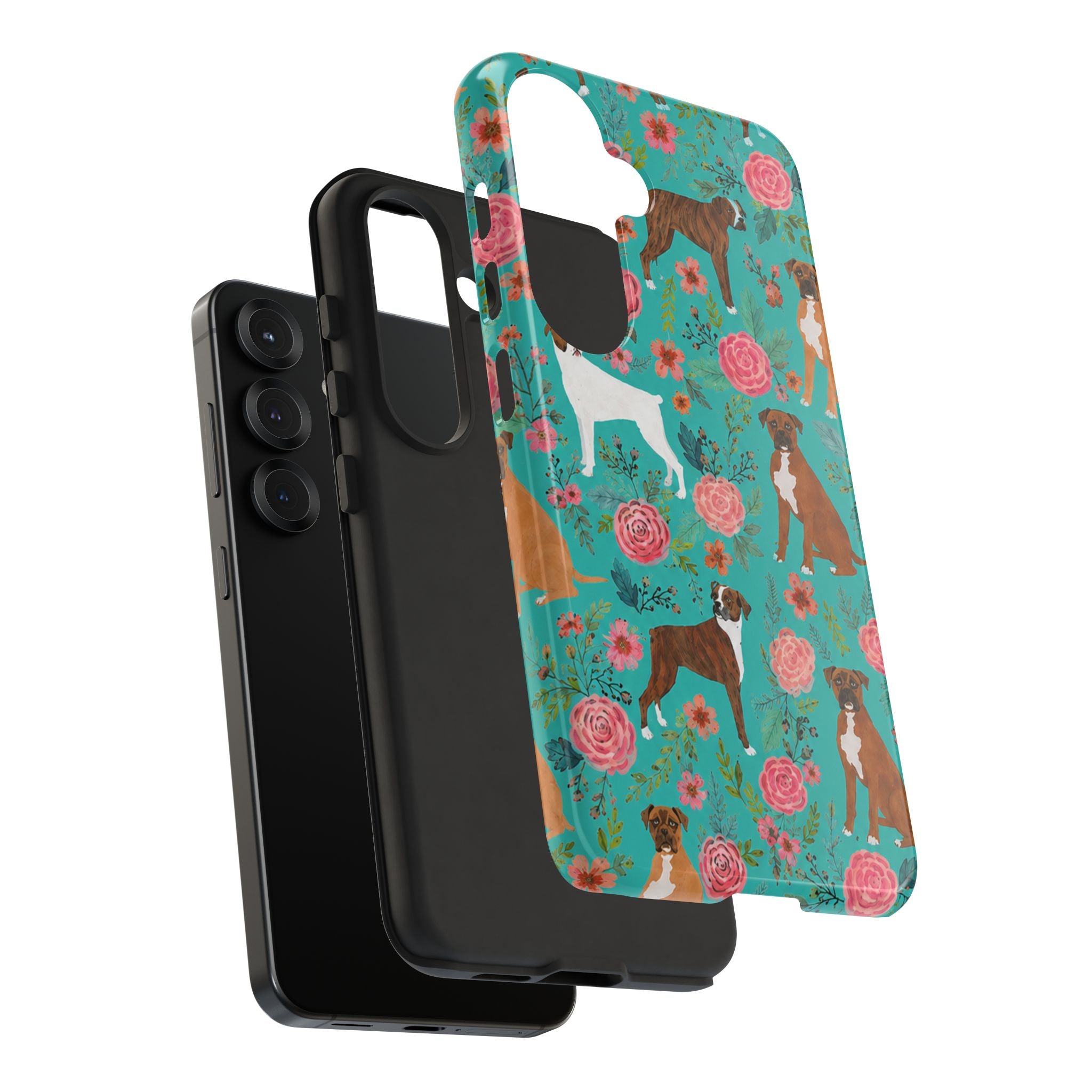 Boxer Dog Floral Phone Case — Teal Patterned Tough Cases