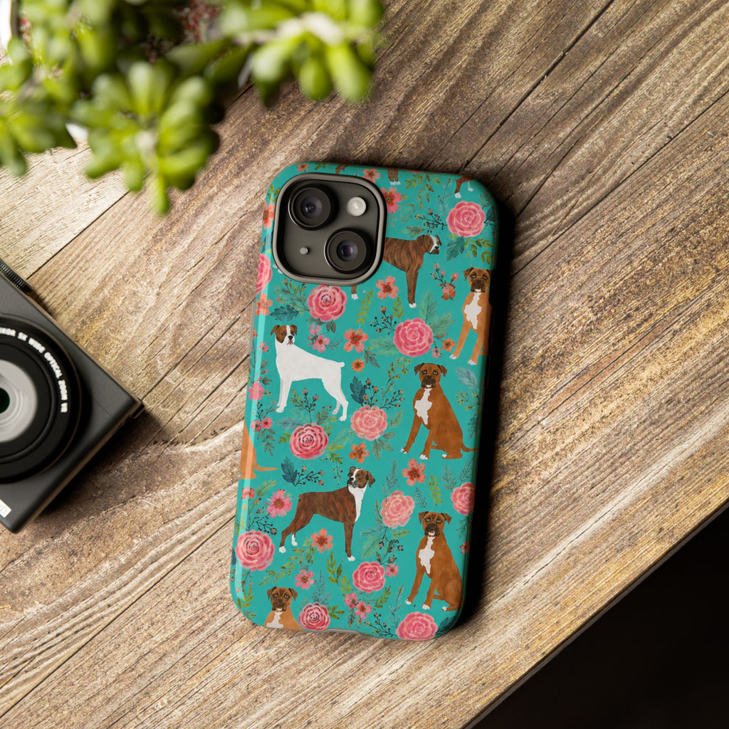 Boxer Dog Floral Phone Case — Teal Patterned Tough Cases