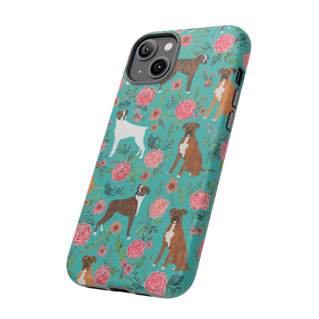 Boxer Dog Floral Phone Case — Teal Patterned Tough Cases