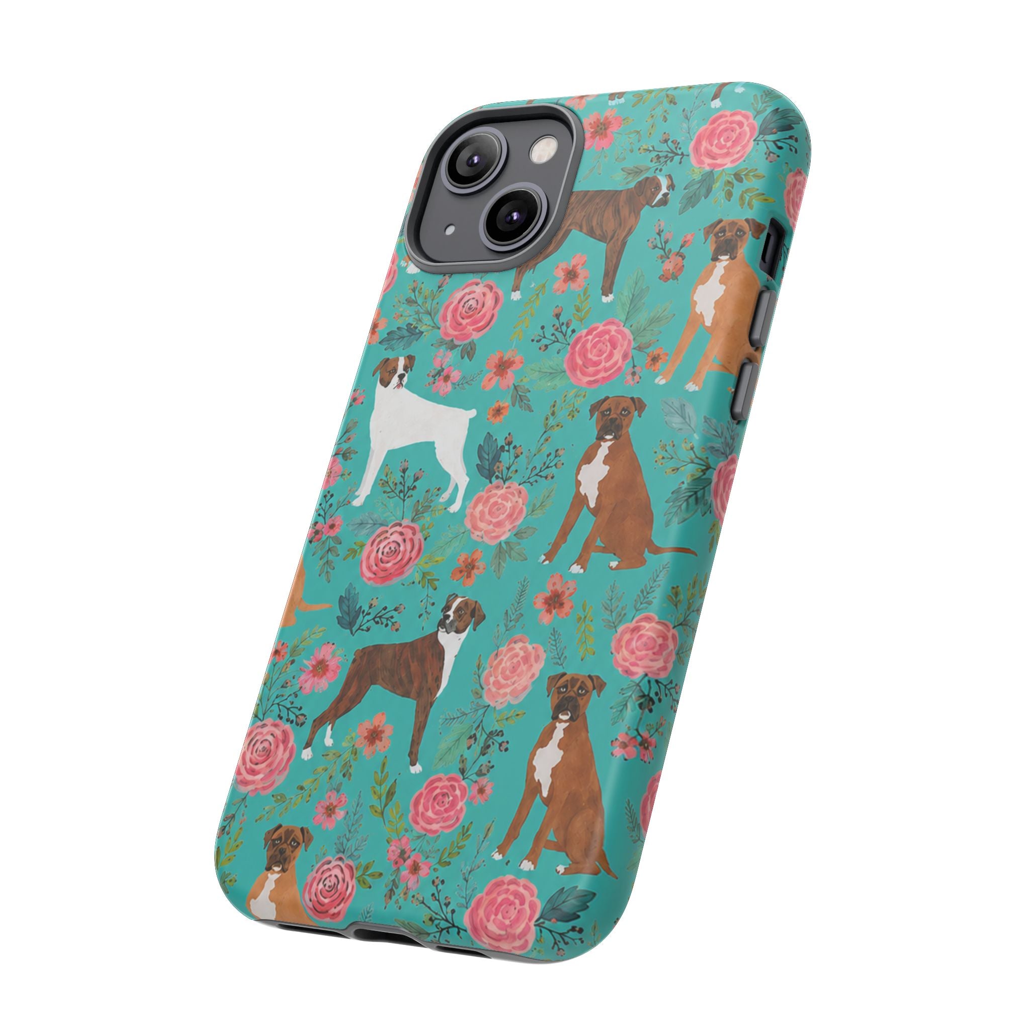 Boxer Dog Floral Phone Case — Teal Patterned Tough Cases