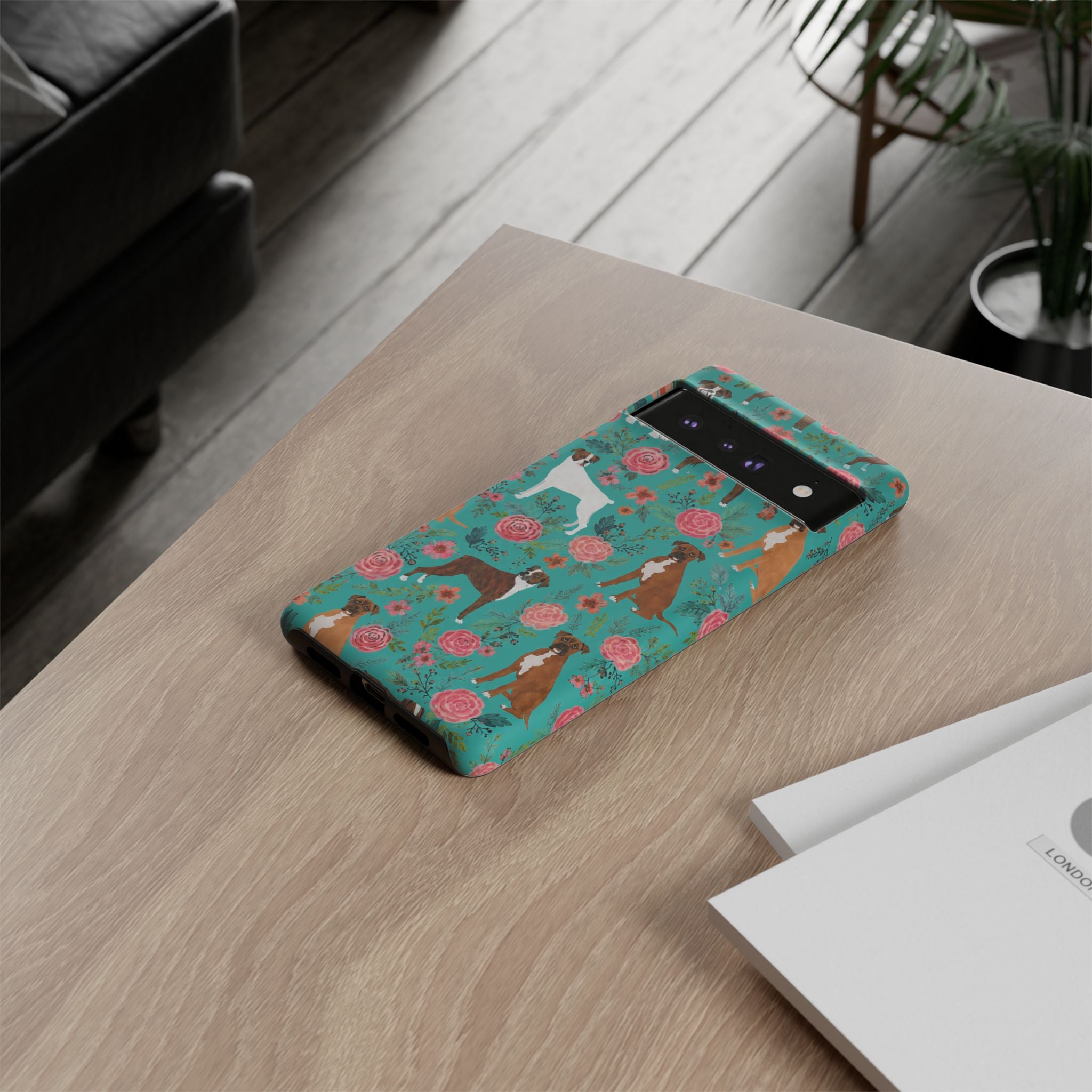 Boxer Dog Floral Phone Case — Teal Patterned Tough Cases