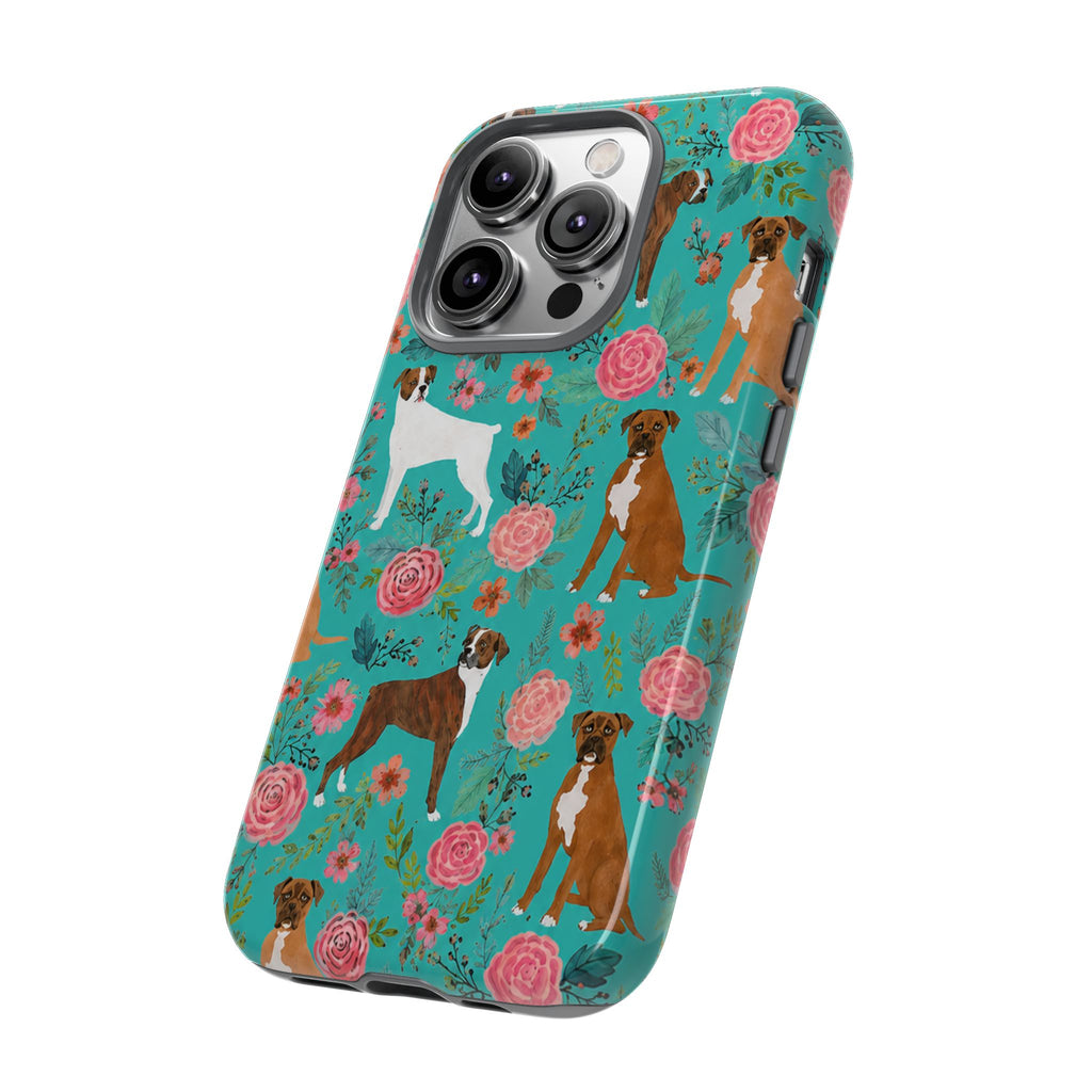 Boxer Dog Floral Phone Case — Teal Patterned Tough Cases