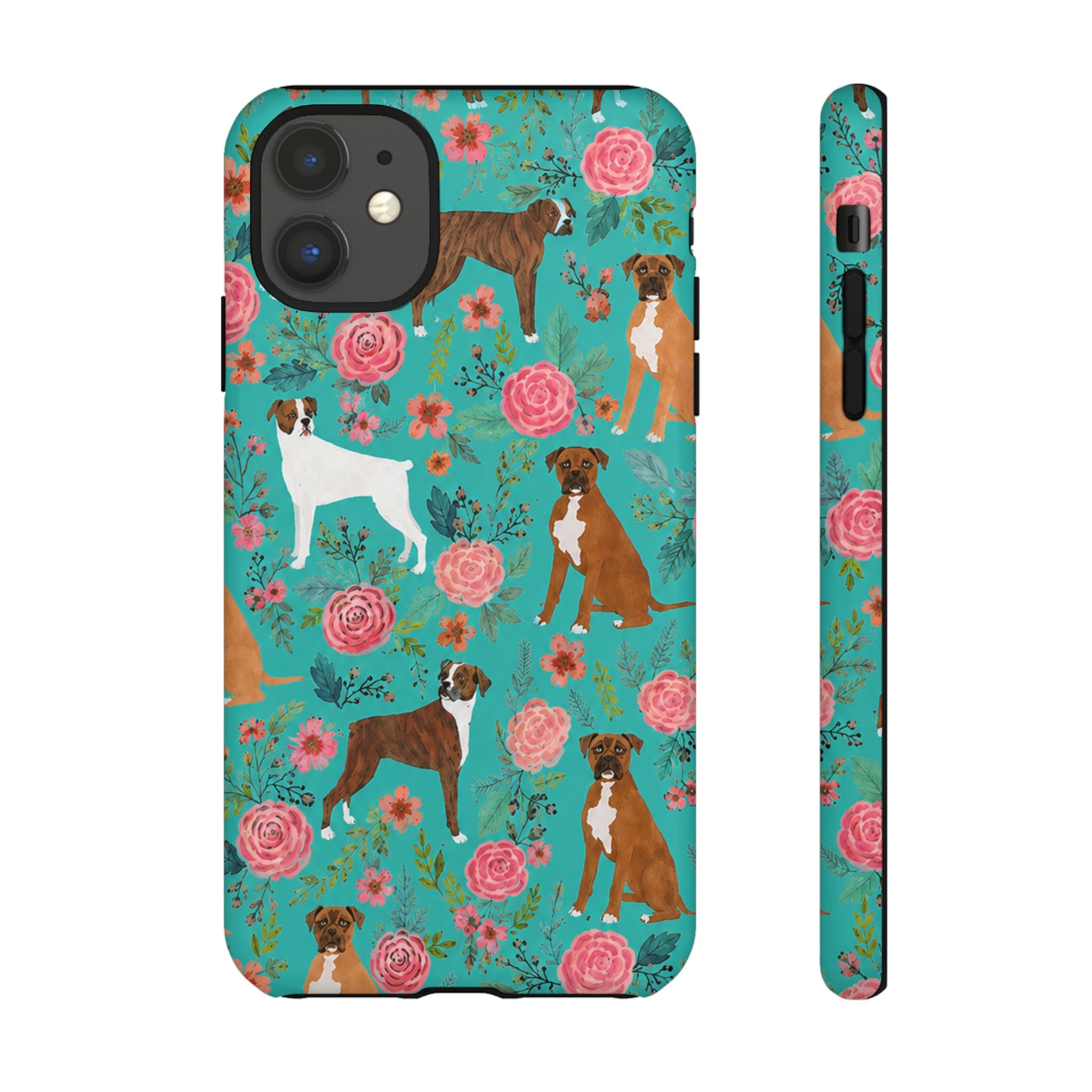 Boxer Dog Floral Phone Case — Teal Patterned Tough Cases