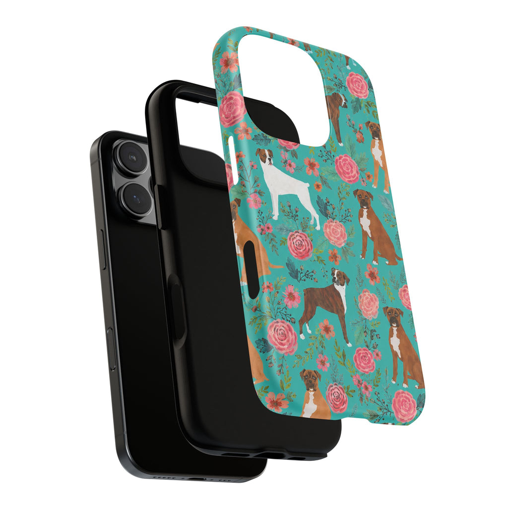 Boxer Dog Floral Phone Case — Teal Patterned Tough Cases