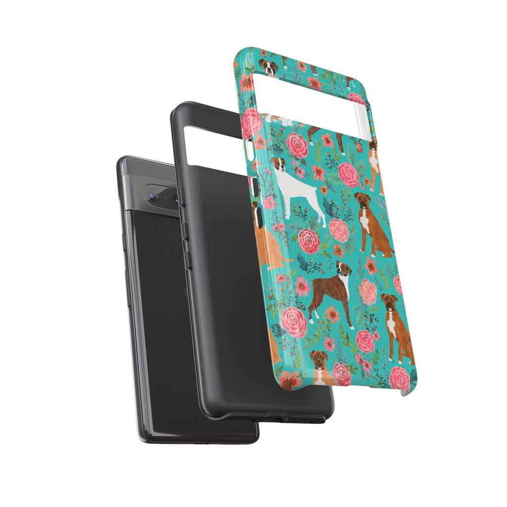 Boxer Dog Floral Phone Case — Teal Patterned Tough Cases