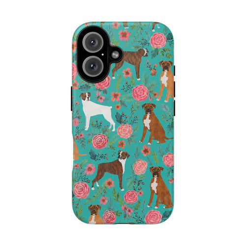 Boxer Dog Floral Phone Case — Teal Patterned Tough Cases