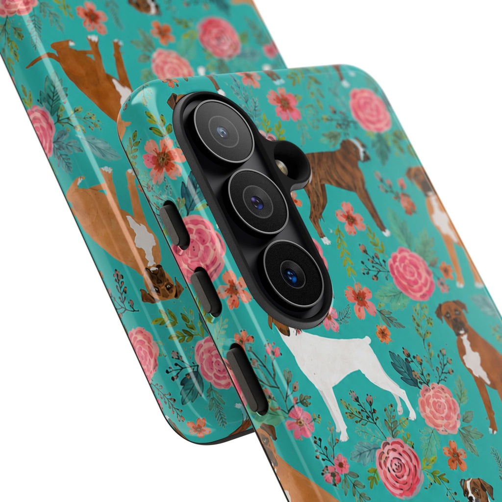 Boxer Dog Floral Phone Case — Teal Patterned Tough Cases