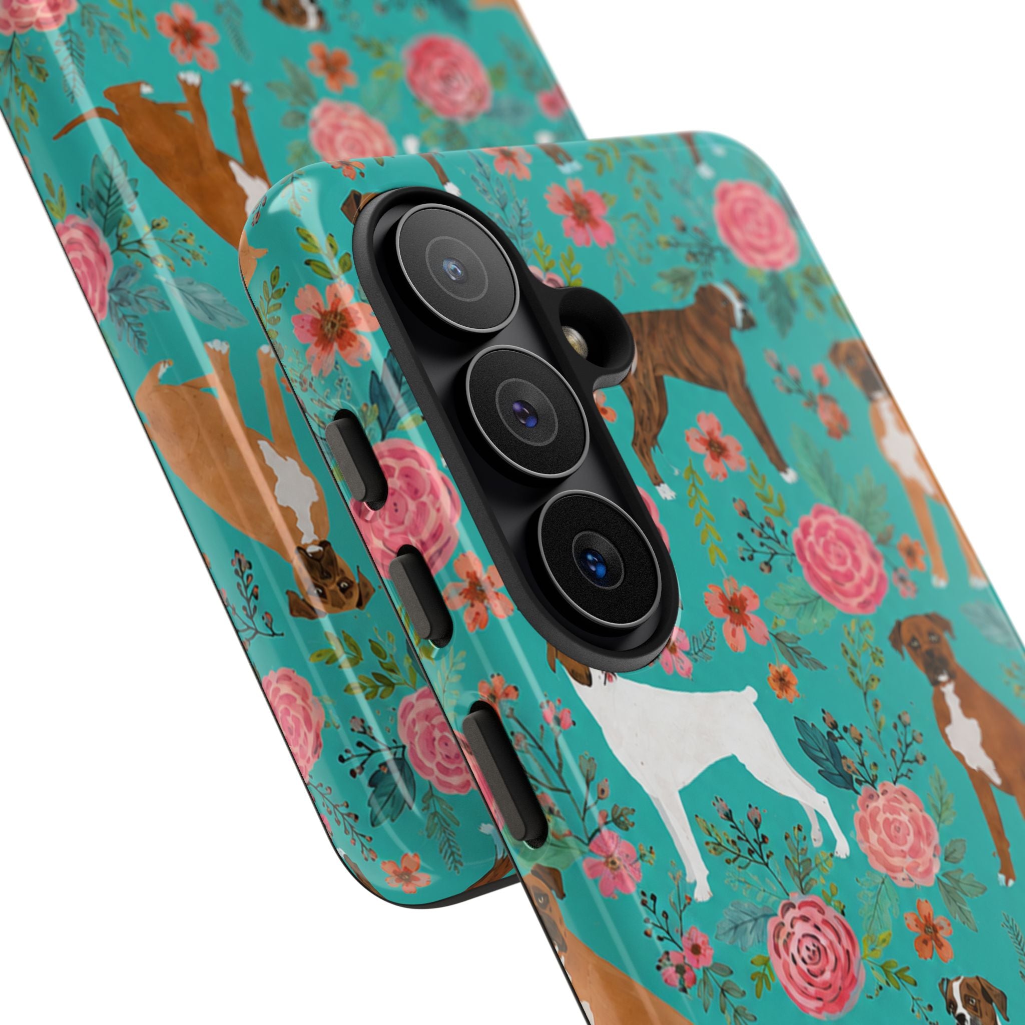 Boxer Dog Floral Phone Case — Teal Patterned Tough Cases