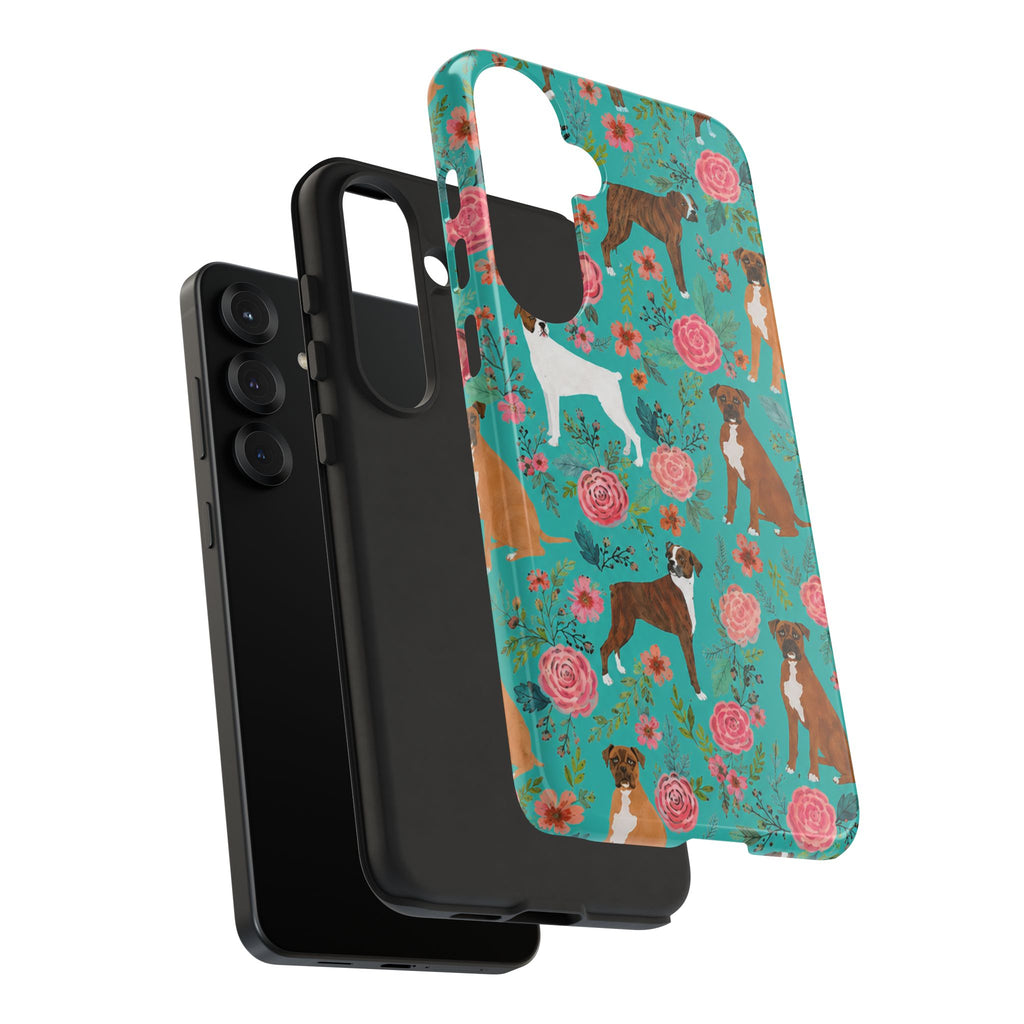 Boxer Dog Floral Phone Case — Teal Patterned Tough Cases