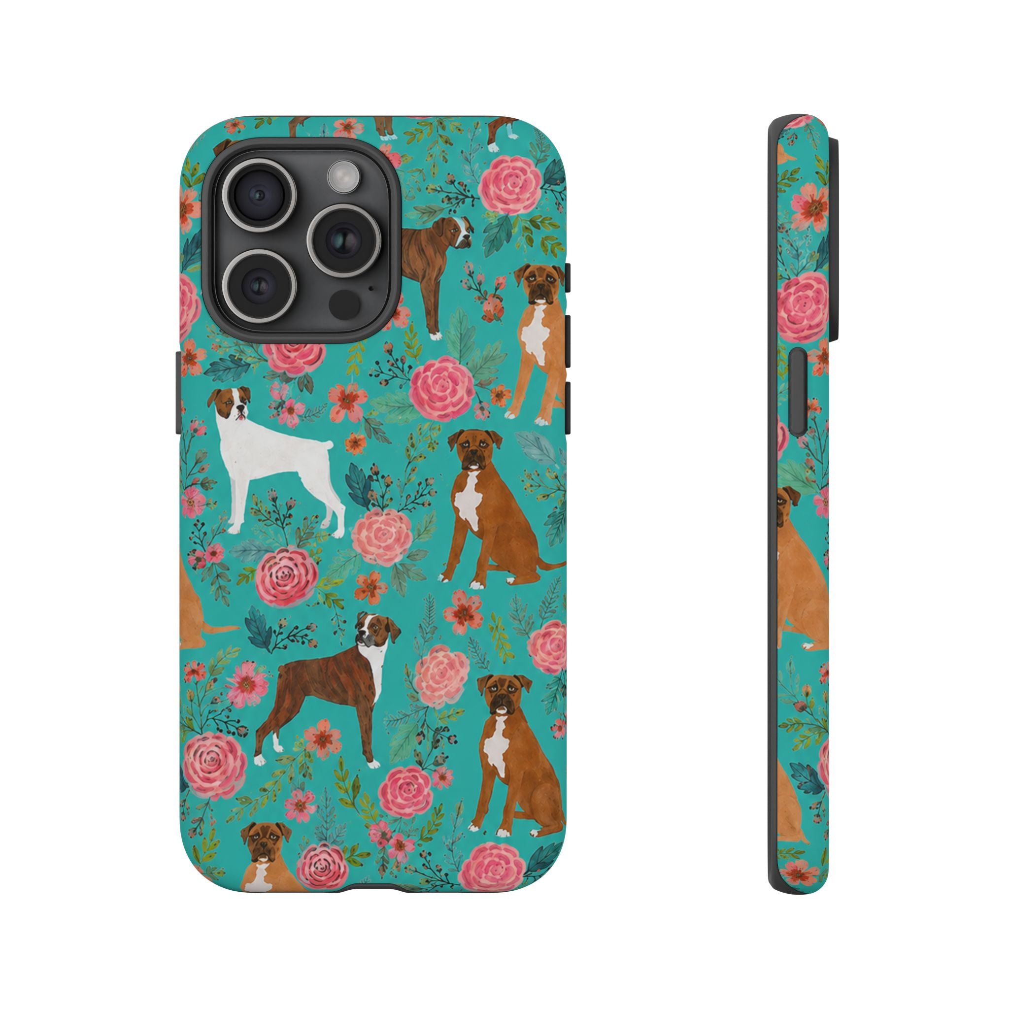 Boxer Dog Floral Phone Case — Teal Patterned Tough Cases