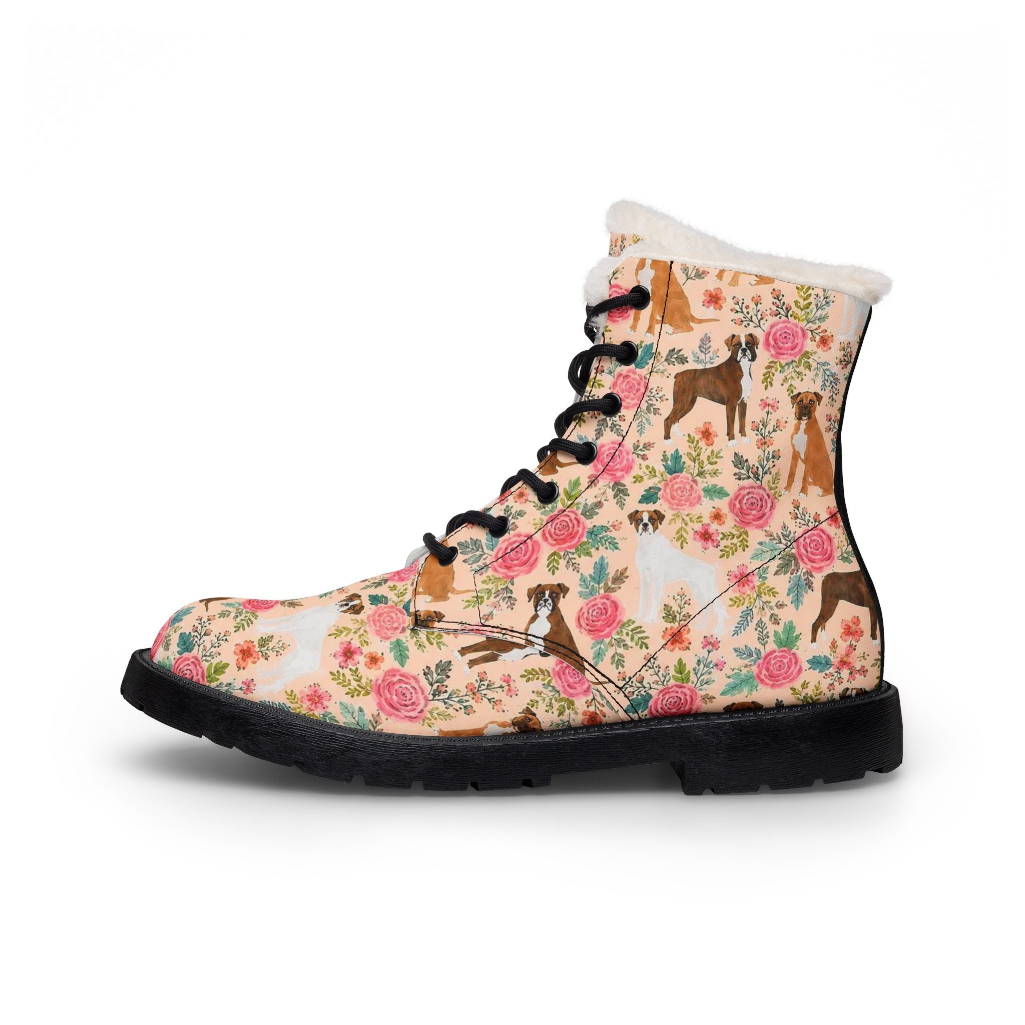 Floral Boxer Dog Fur-Lined Leather Boots — Men's Cozy Winter Combat Style