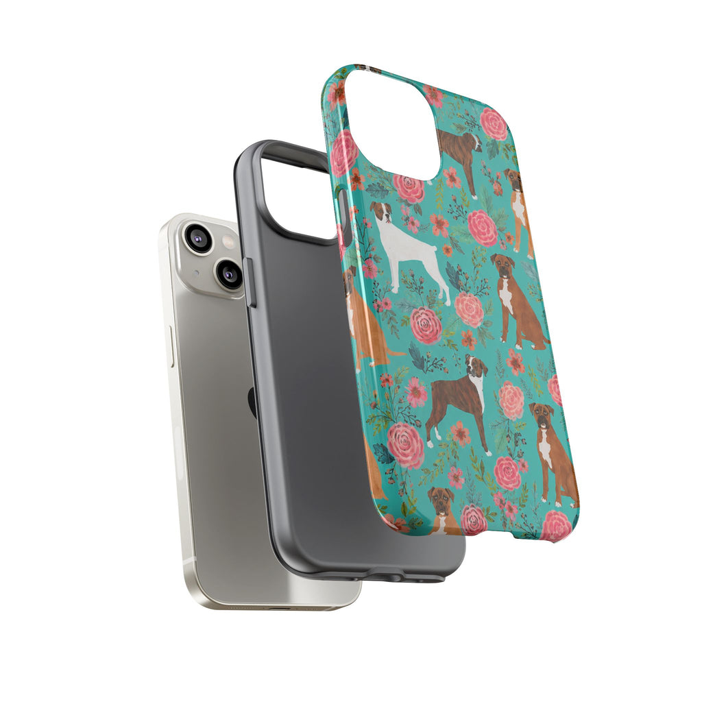 Boxer Dog Floral Phone Case — Teal Patterned Tough Cases