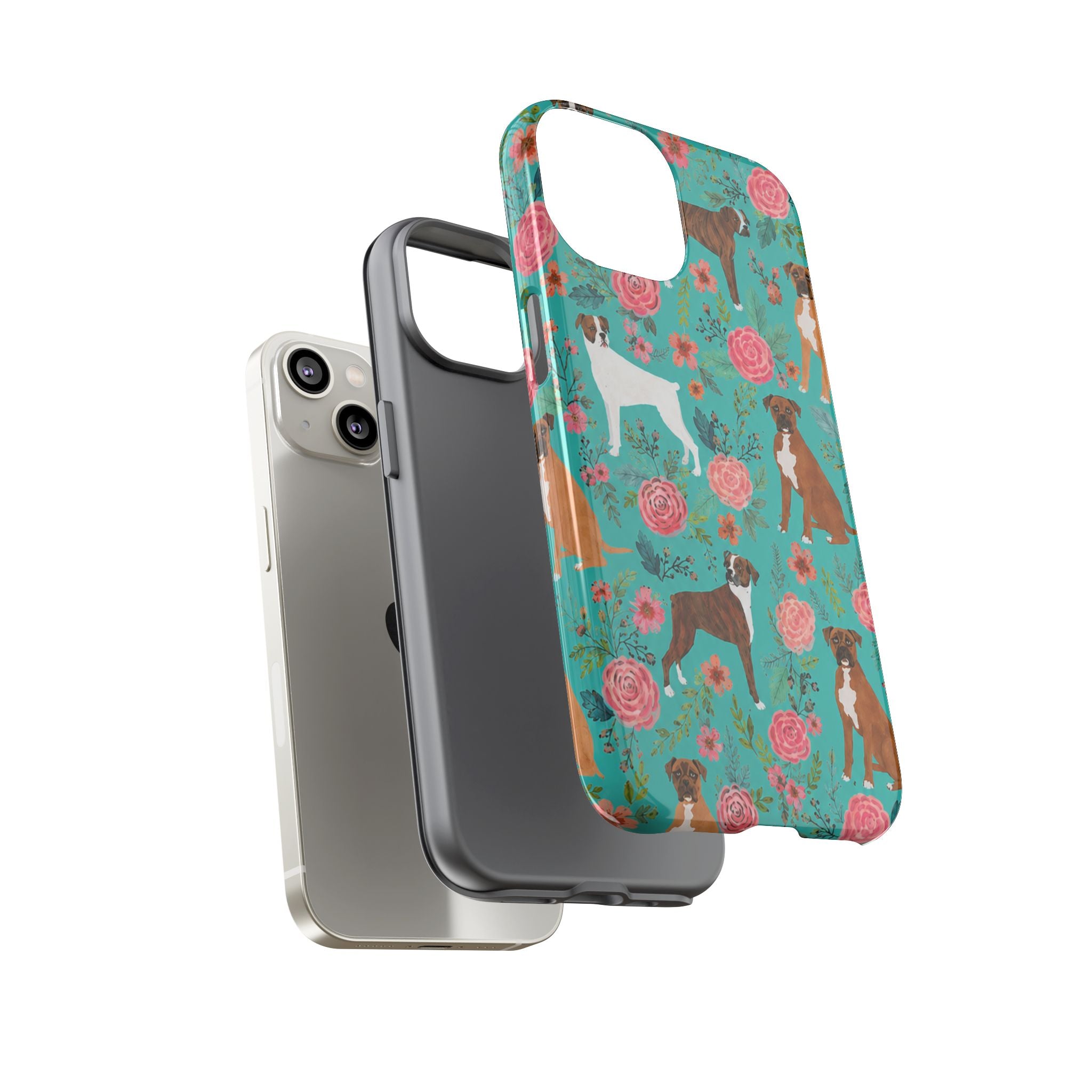 Boxer Dog Floral Phone Case — Teal Patterned Tough Cases