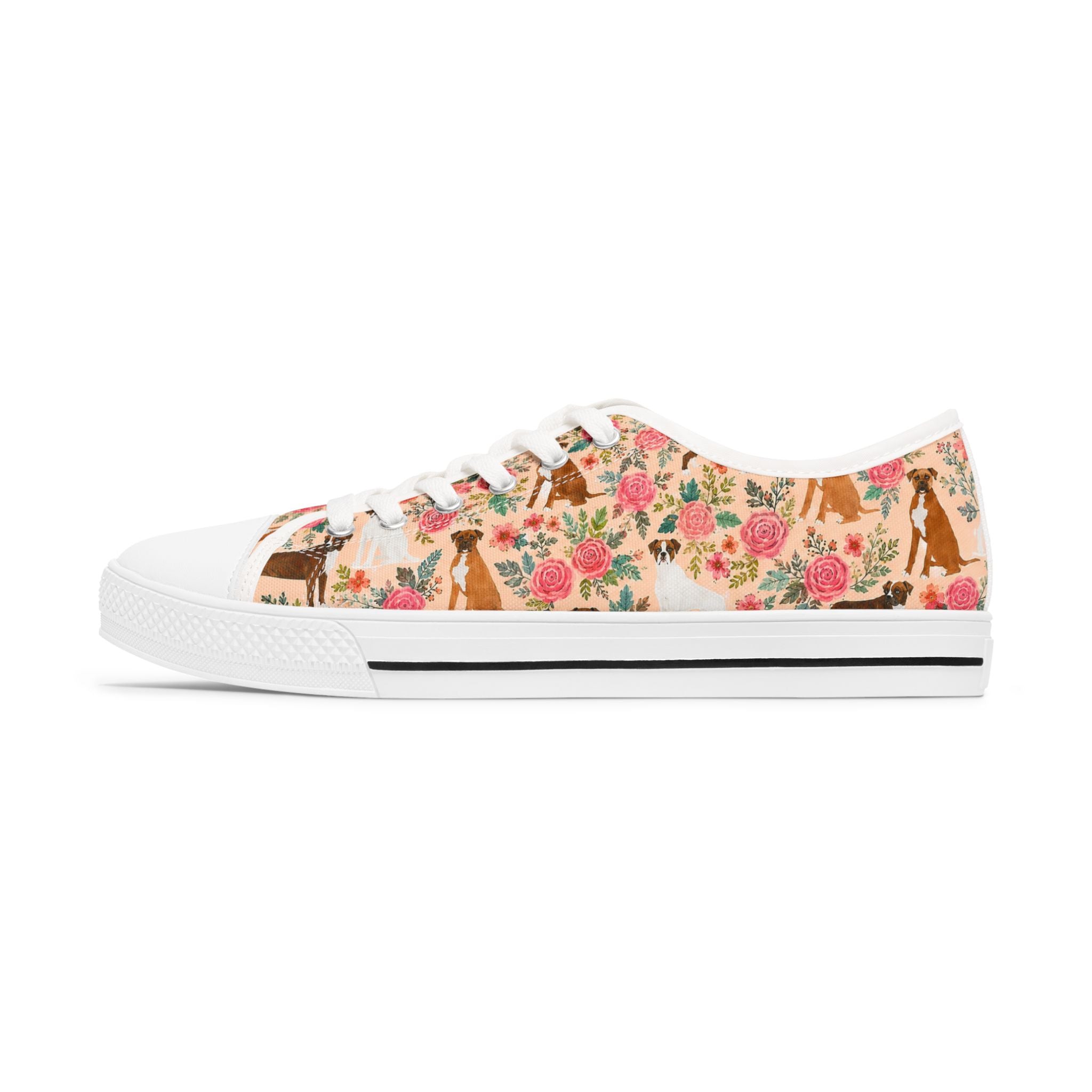 Floral Boxer Dog Pattern Sneakers Women's Low Top Sneakers | Pink Rose Animal Print