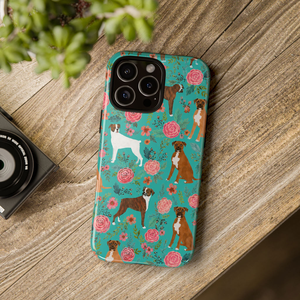 Boxer Dog Floral Phone Case — Teal Patterned Tough Cases