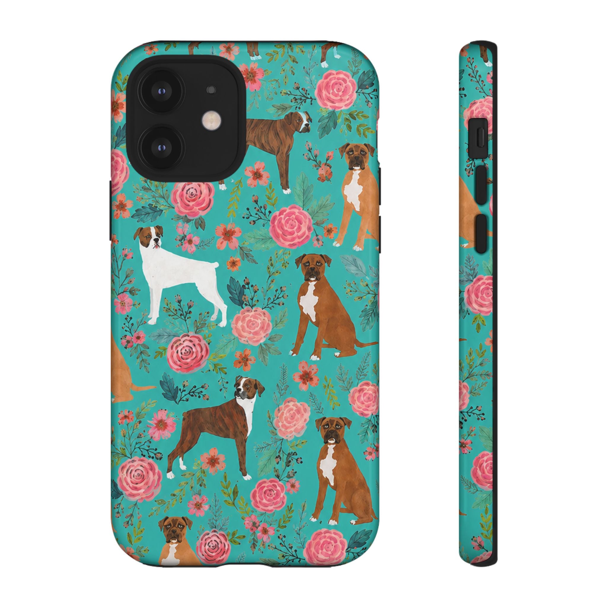 Boxer Dog Floral Phone Case — Teal Patterned Tough Cases